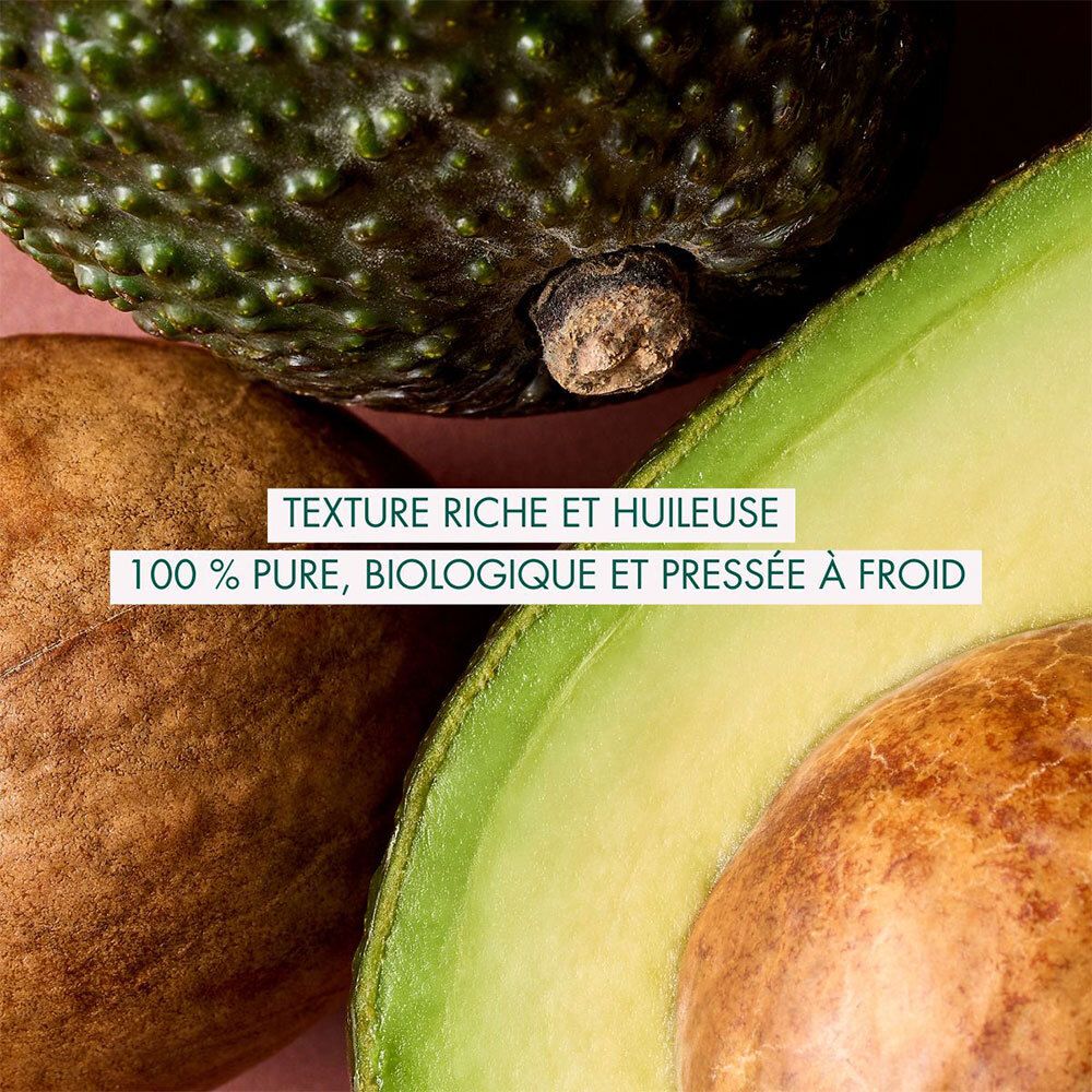 Avocat, moitié d'avocat. Texte: Texture riche et huileuse. 100% pur, biologique et pressé à froid.