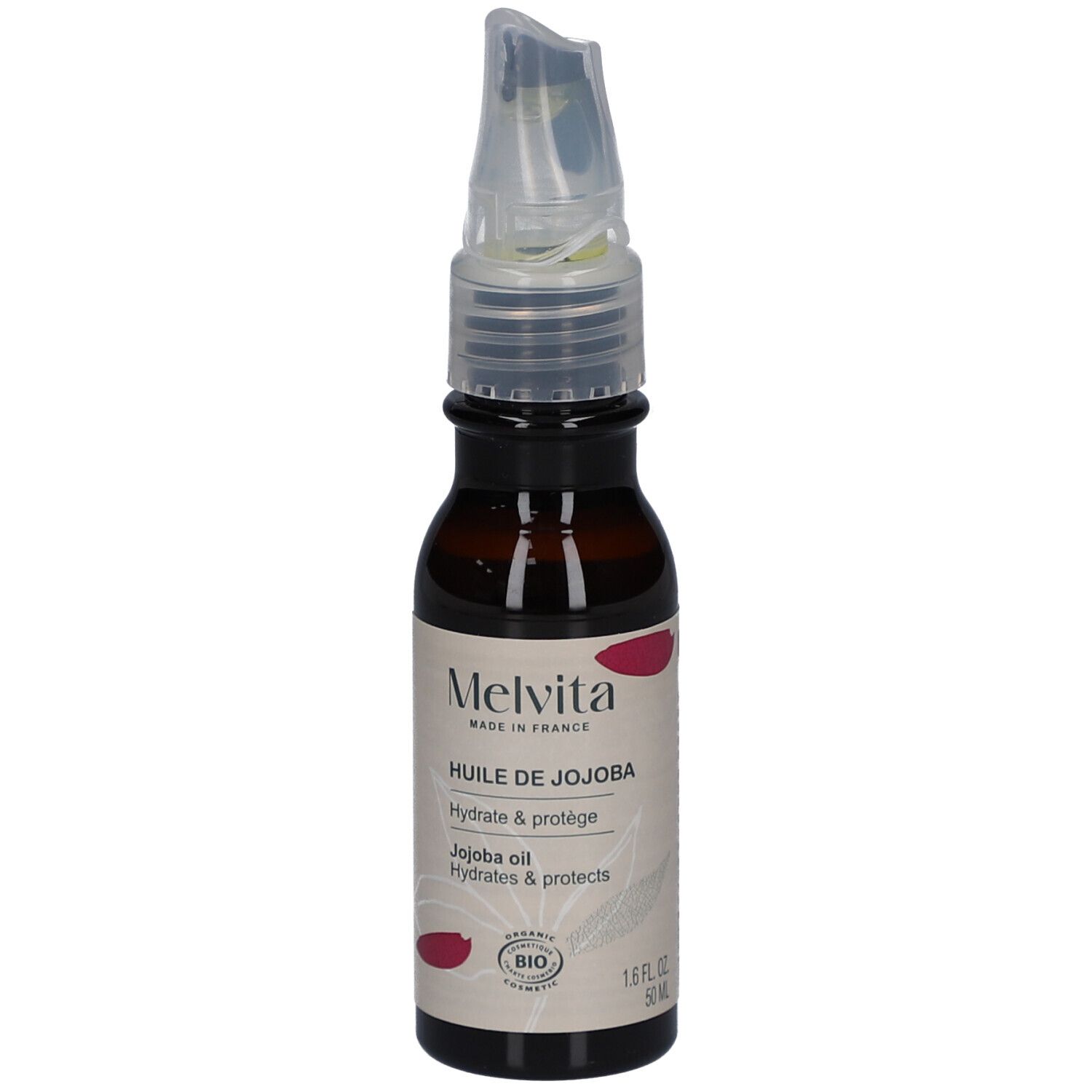 Flacon en verre brun avec vaporisateur. Étiquette avec texte: Melvita, Huile de Jojoba, Hydrate & protège. Certification Bio. 50 ml.