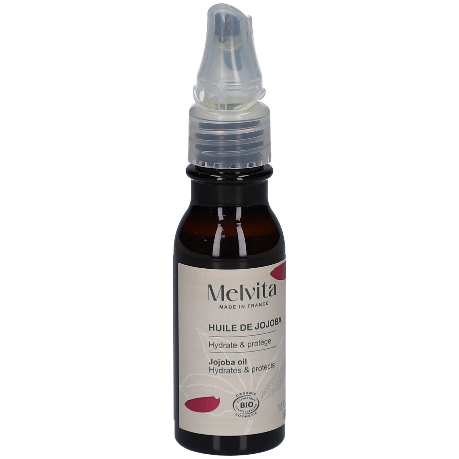 Flacon en verre brun avec vaporisateur. Étiquette avec texte: Melvita, Huile de Jojoba, Hydrate & protège. Certification Bio.