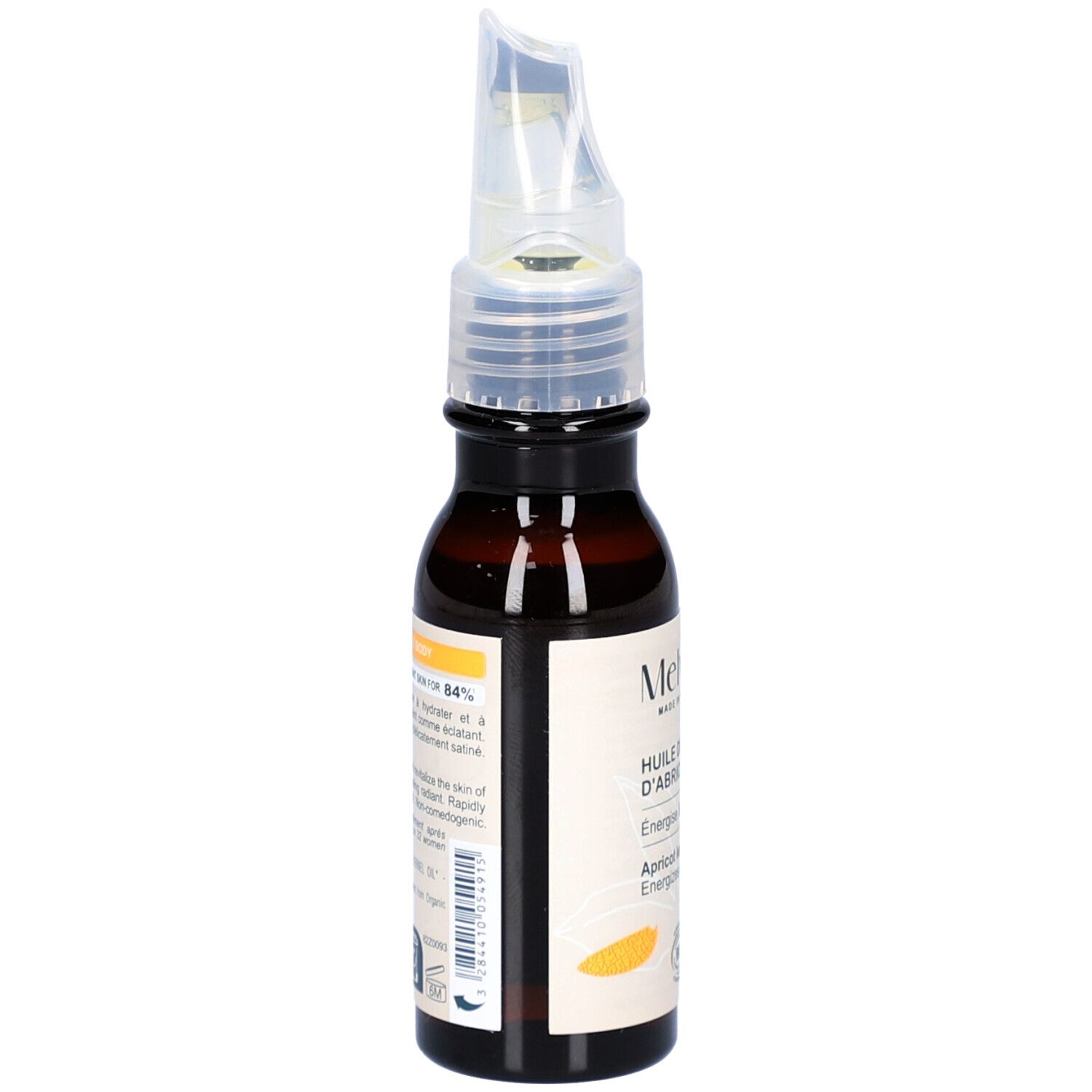 Flacon en verre brun avec applicateur. Inscription: MELVITA, Huile de Noyaux d'Abricot. Texte et label Bio.