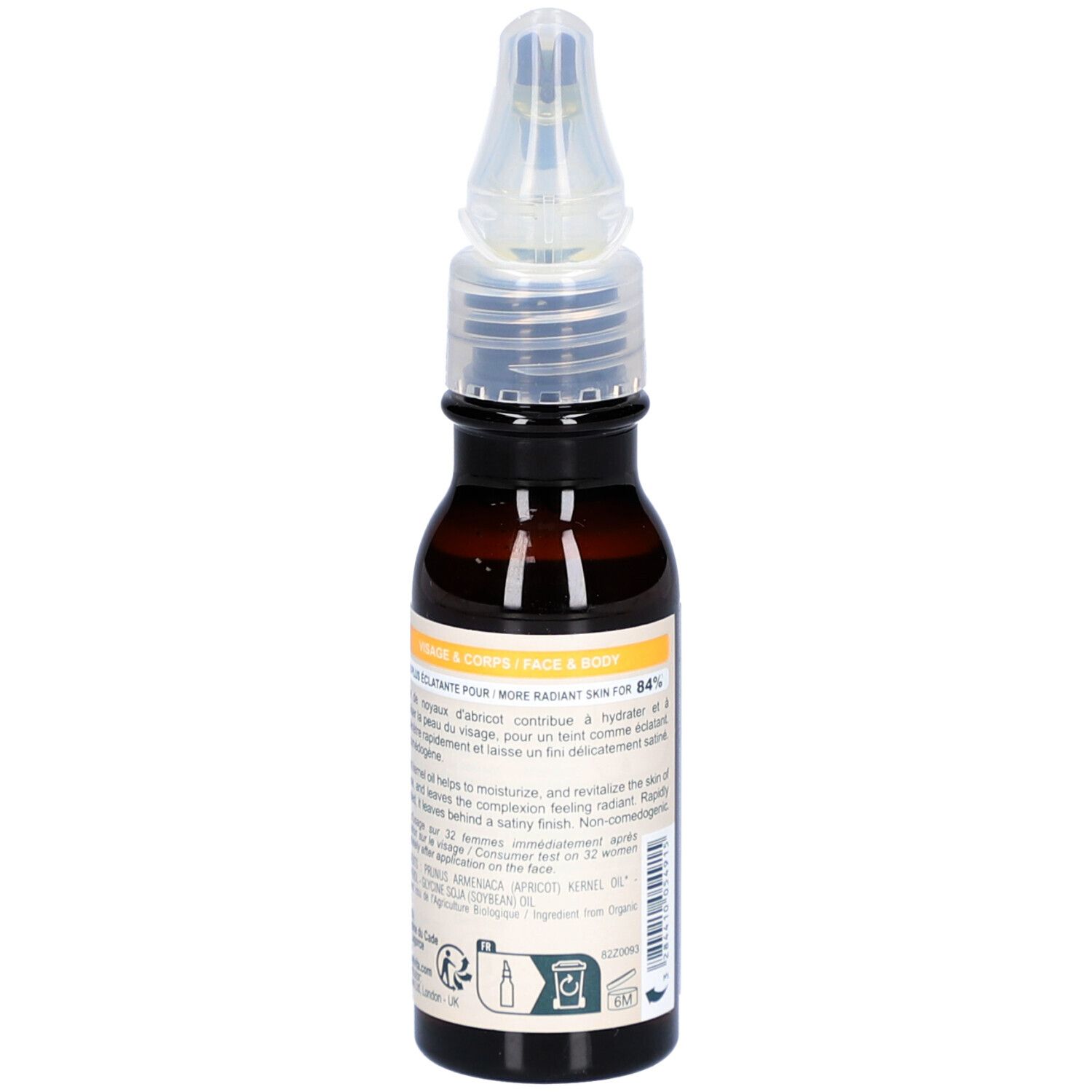 Flacon en verre brun avec applicateur. Texte: Huile de Noyaux d'Abricot. Informations d'utilisation. Label Bio.