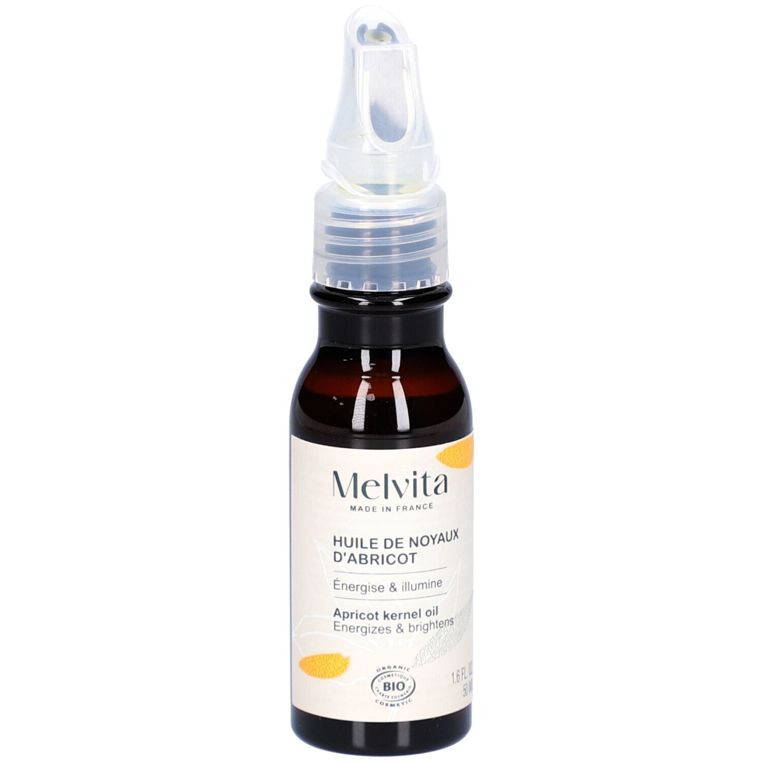 Flacon en verre brun avec applicateur. Inscription: MELVITA, Huile de Noyaux d'Abricot, Apricot kernel oil. Label Bio.