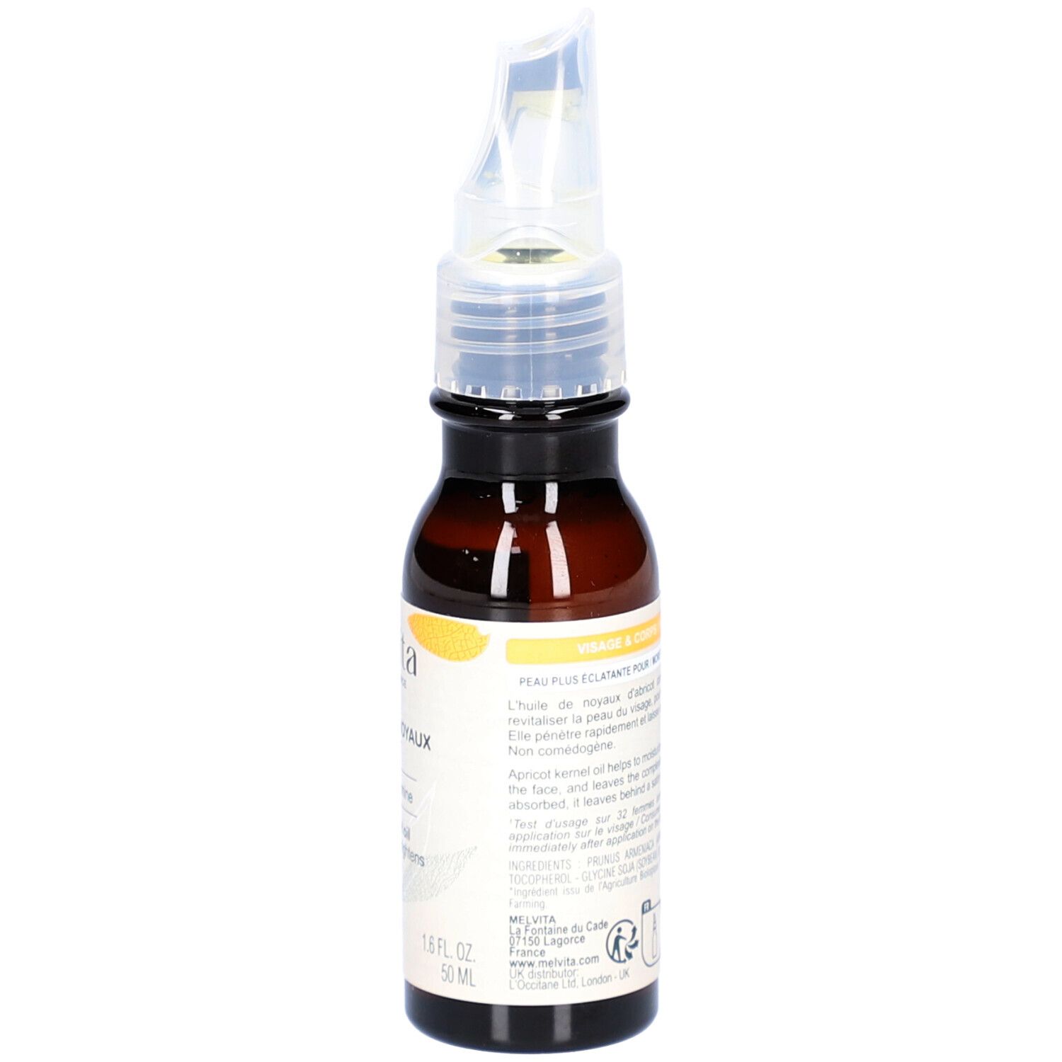 Flacon en verre brun avec applicateur. Inscription: Huile de Noyaux d'Abricot. Texte et label Bio. 50 ml.