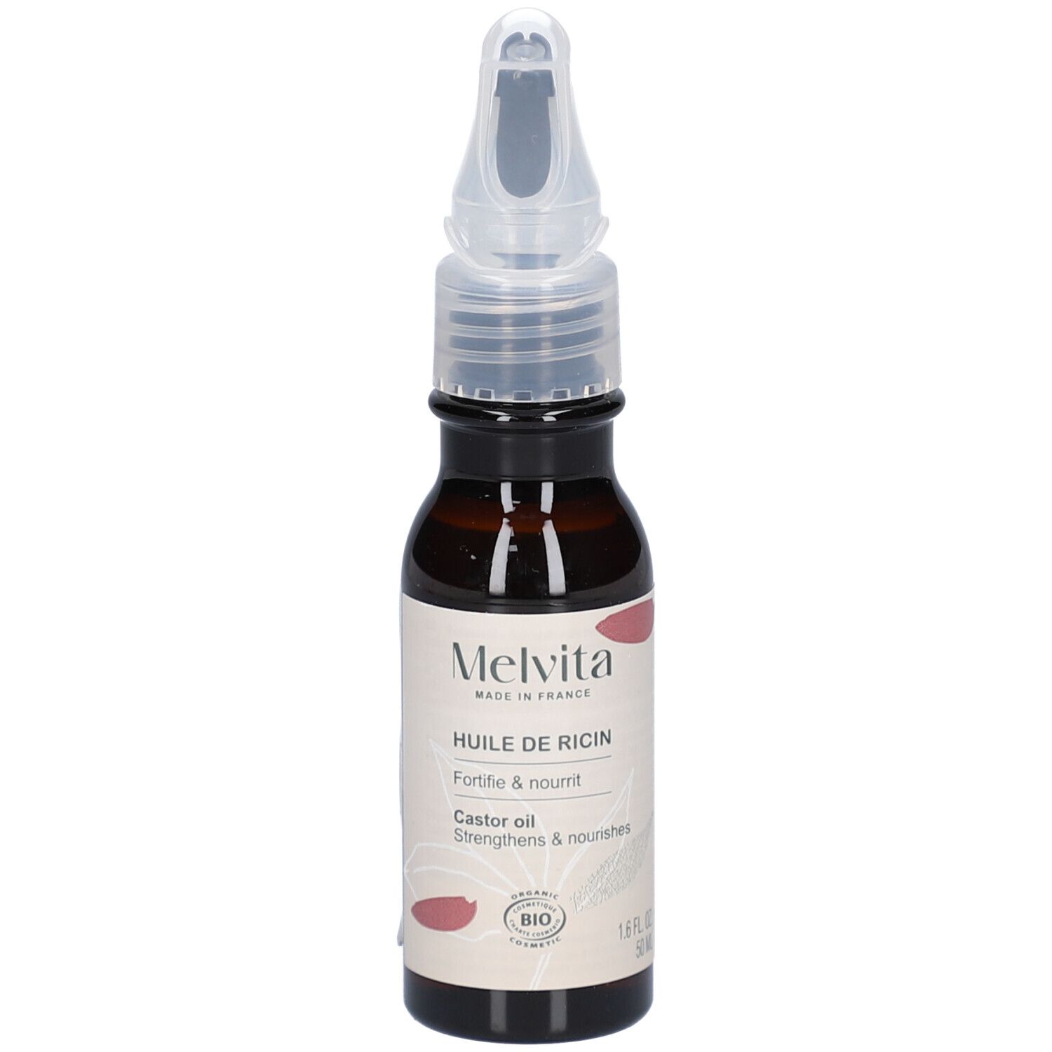 Flacon en verre brun avec applicateur. Étiquette "Huile de Ricin" et logo BIO. Fabriqué en France.