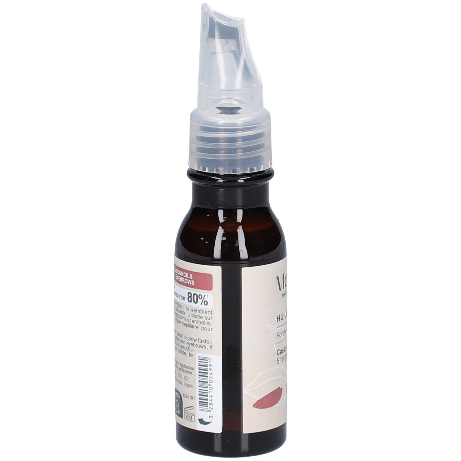 Flacon en verre brun avec applicateur. Étiquette avec texte et pourcentage. Dos avec texte.