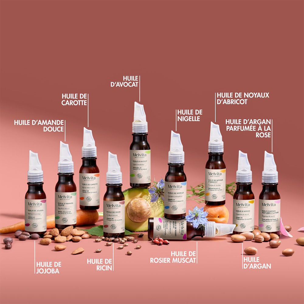 Plusieurs flacons d'huile Melvita Bio. Huile de Ricin, Huile de Jojoba, Huile d'Argan, etc. Certification BIO.