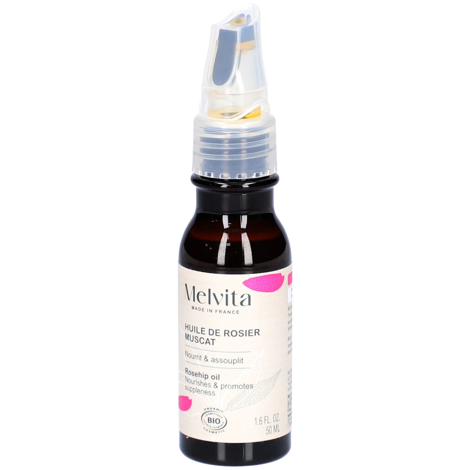 Flacon en verre brun avec applicateur. Inscriptions: MELVITA, Huile de Rosier Muscat, 1.6 FL. OZ. 50 ml, certification Bio.