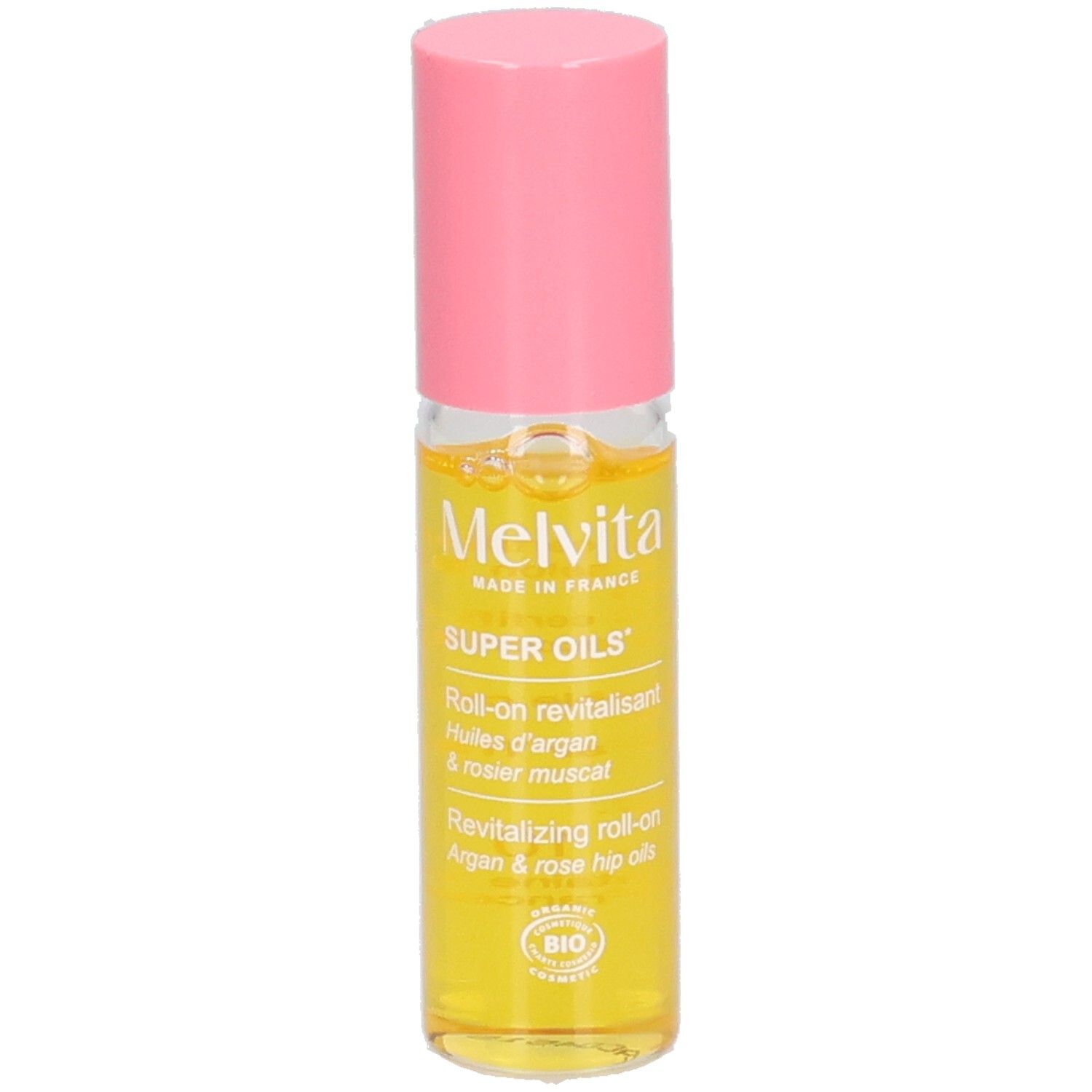 Flacon roll-on avec liquide jaune et bouchon rose. Inscription: Melvita, Super Oils, Roll-on revitalisant.