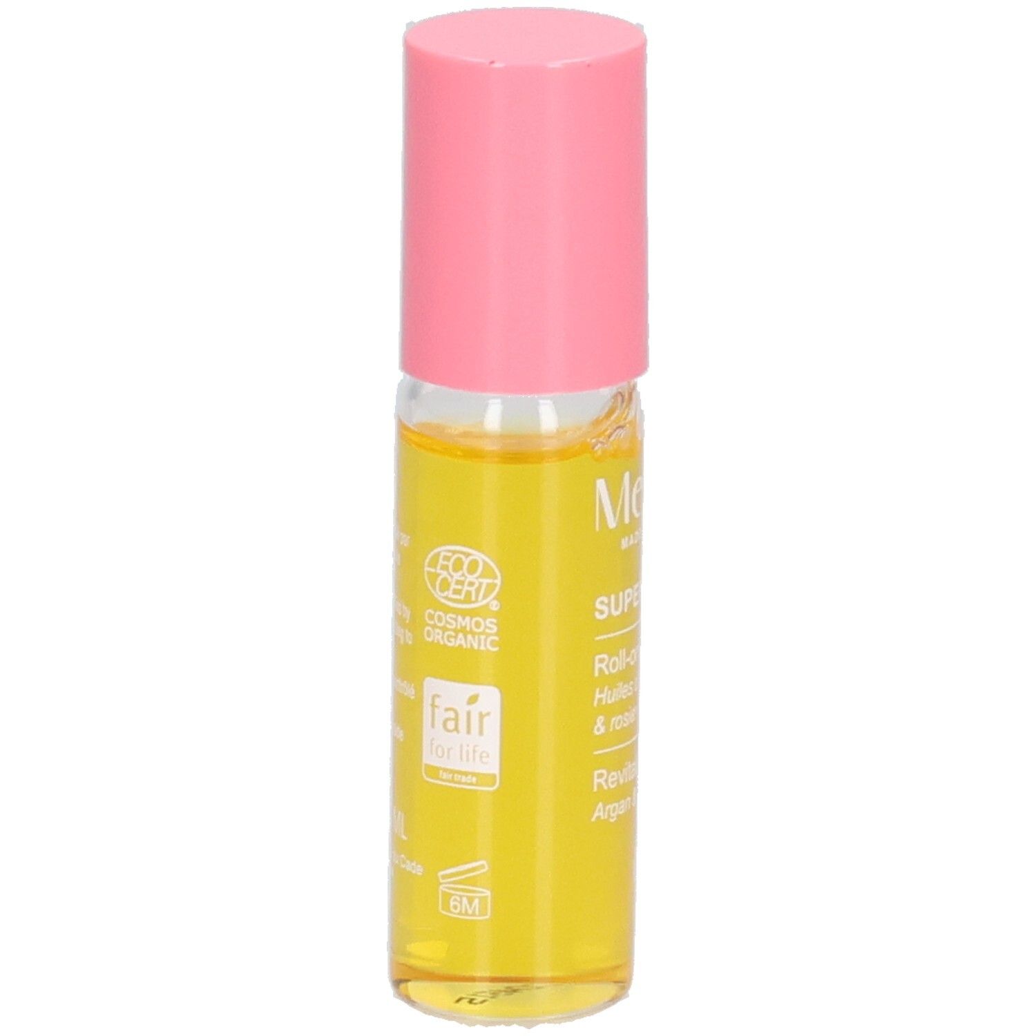 Flacon roll-on avec liquide jaune et bouchon rose. Étiquette avec logos: EcoCert, Fair for Life.