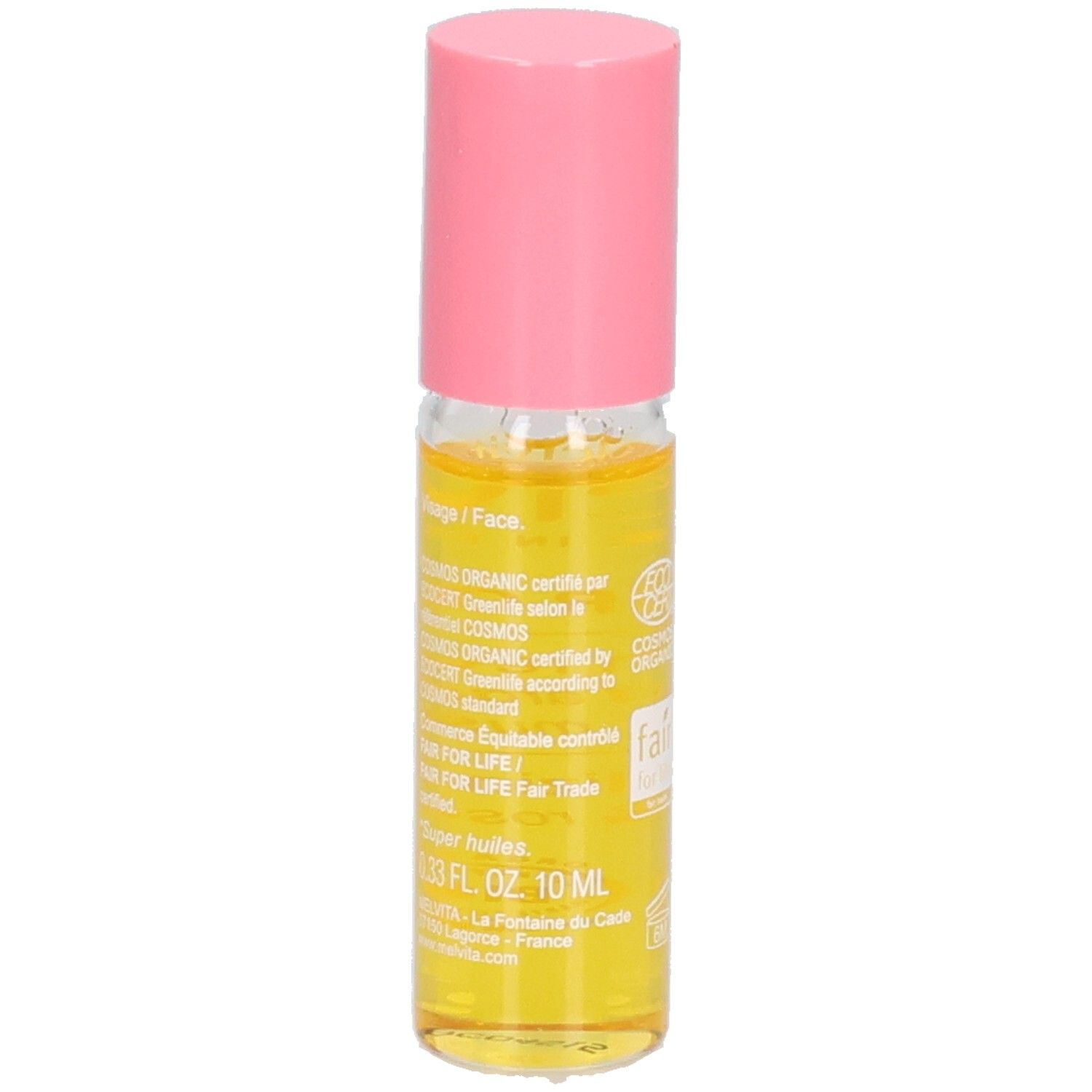 Flacon roll-on avec liquide jaune et bouchon rose. Dos avec texte et logos: EcoCert, Fair for Life.