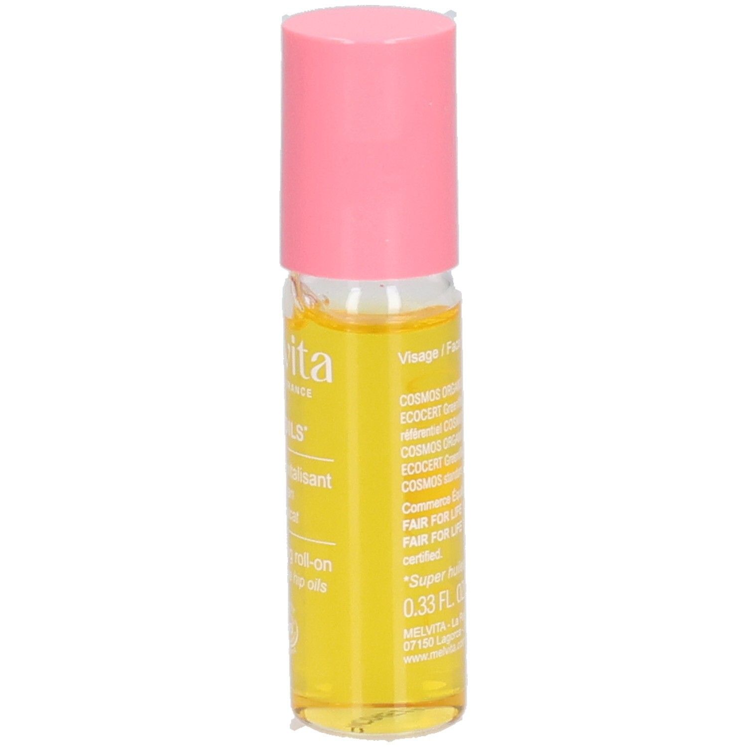 Flacon roll-on avec liquide jaune et bouchon rose. Dos avec texte et logos: EcoCert, Fair for Life.