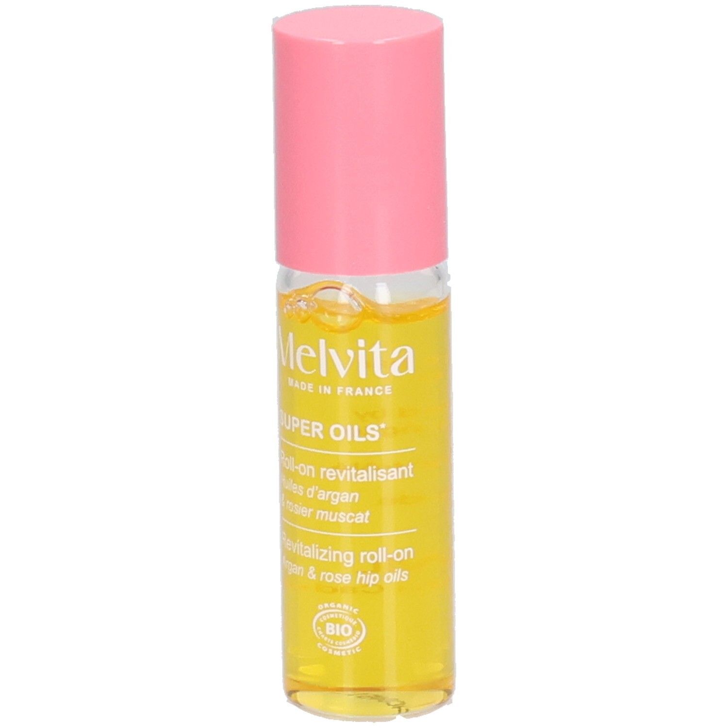 Flacon roll-on avec liquide jaune et bouchon rose. Inscription: Melvita, Super Oils, Roll-on revitalisant.