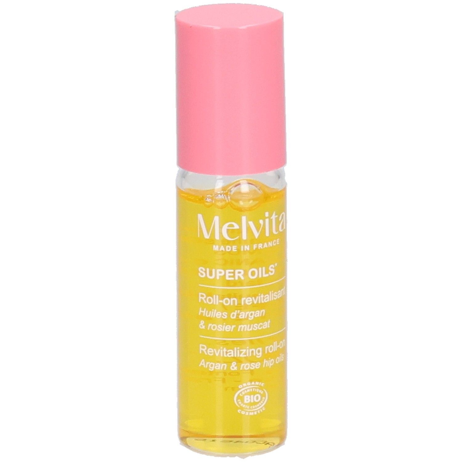Flacon roll-on avec liquide jaune et bouchon rose. Inscription: Melvita, Super Oils, Roll-on revitalisant.