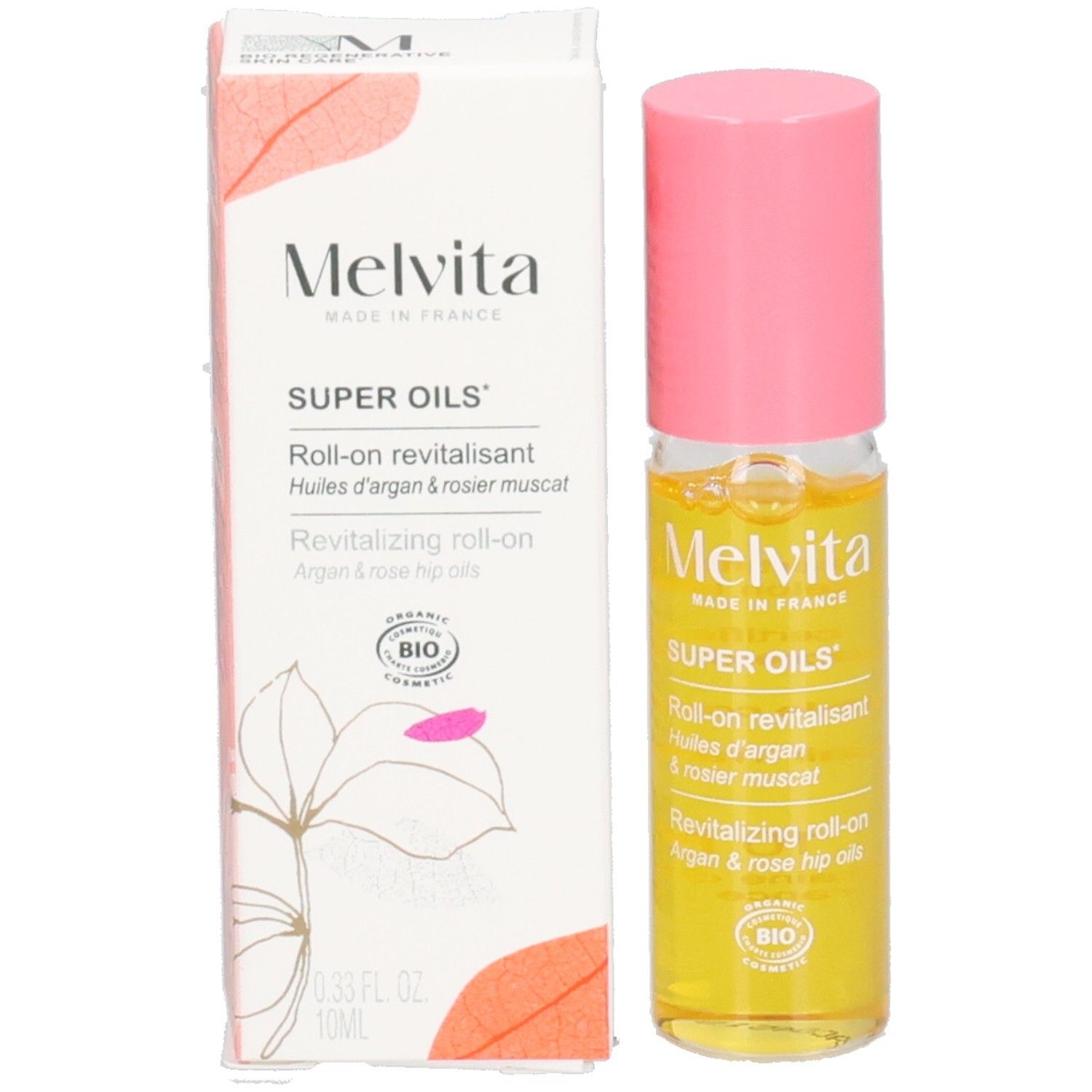 Produit et emballage. Flacon roll-on et carton. Inscription: Melvita, Super Oils, Roll-on revitalisant.