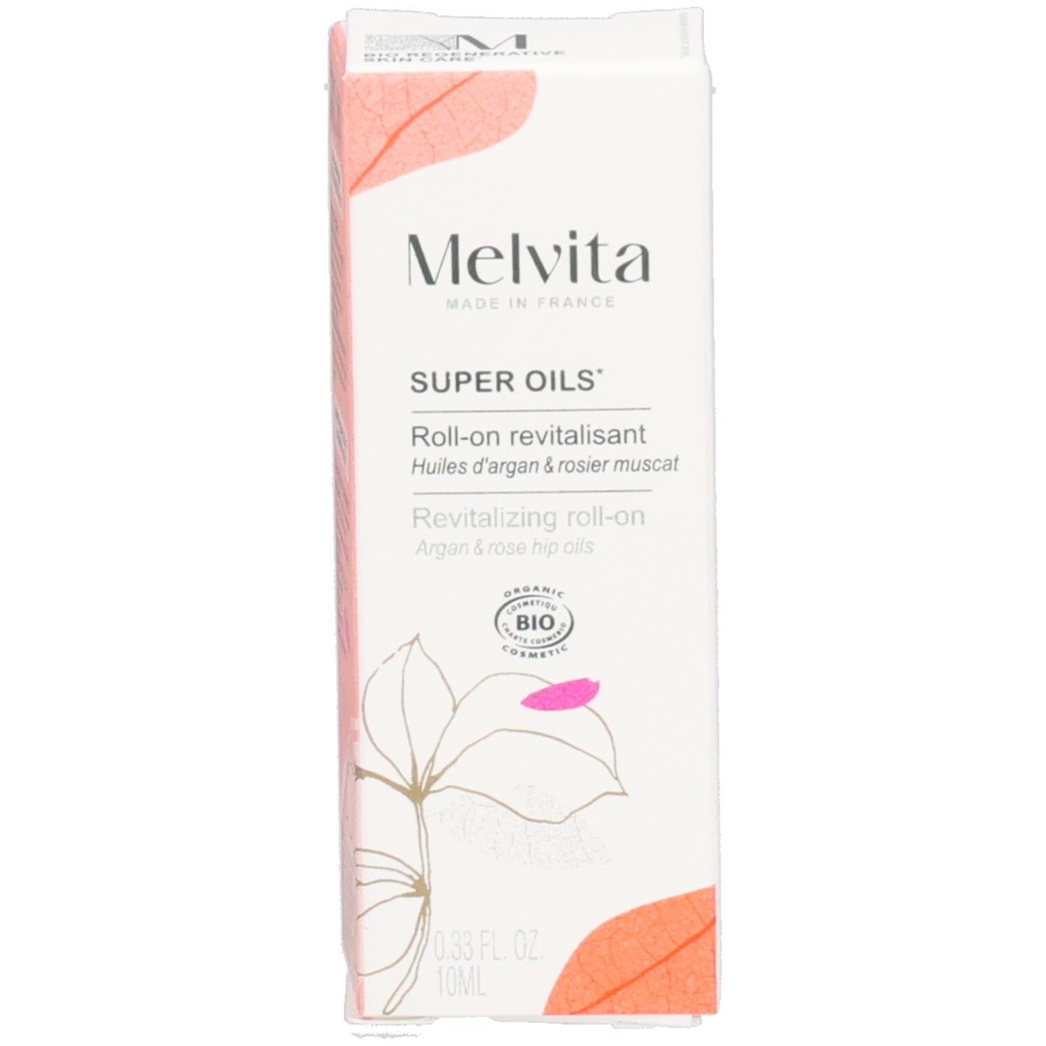 Emballage du produit. Carton avec inscription: Melvita, Super Oils, Roll-on revitalisant.