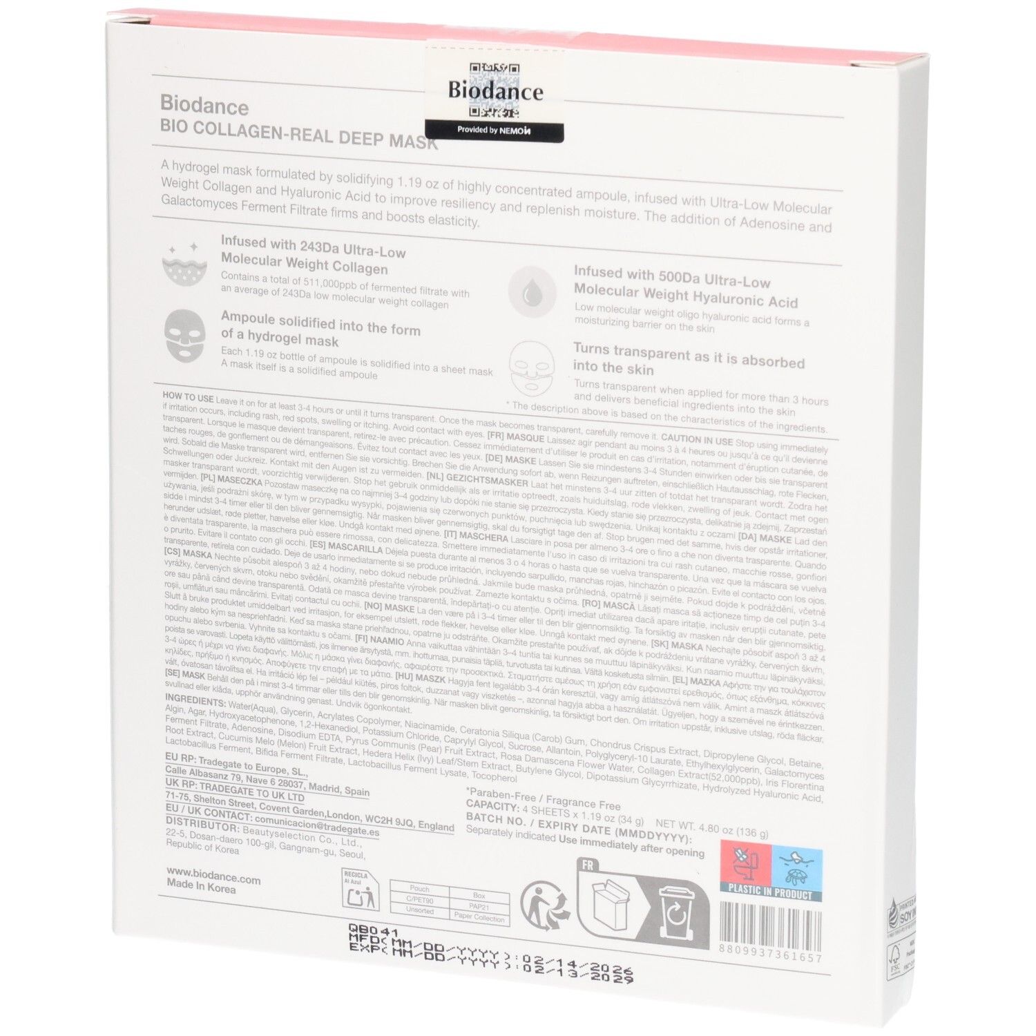 Arrière de l'emballage Biodance Bio Collagen Real Deep Mask avec instructions.