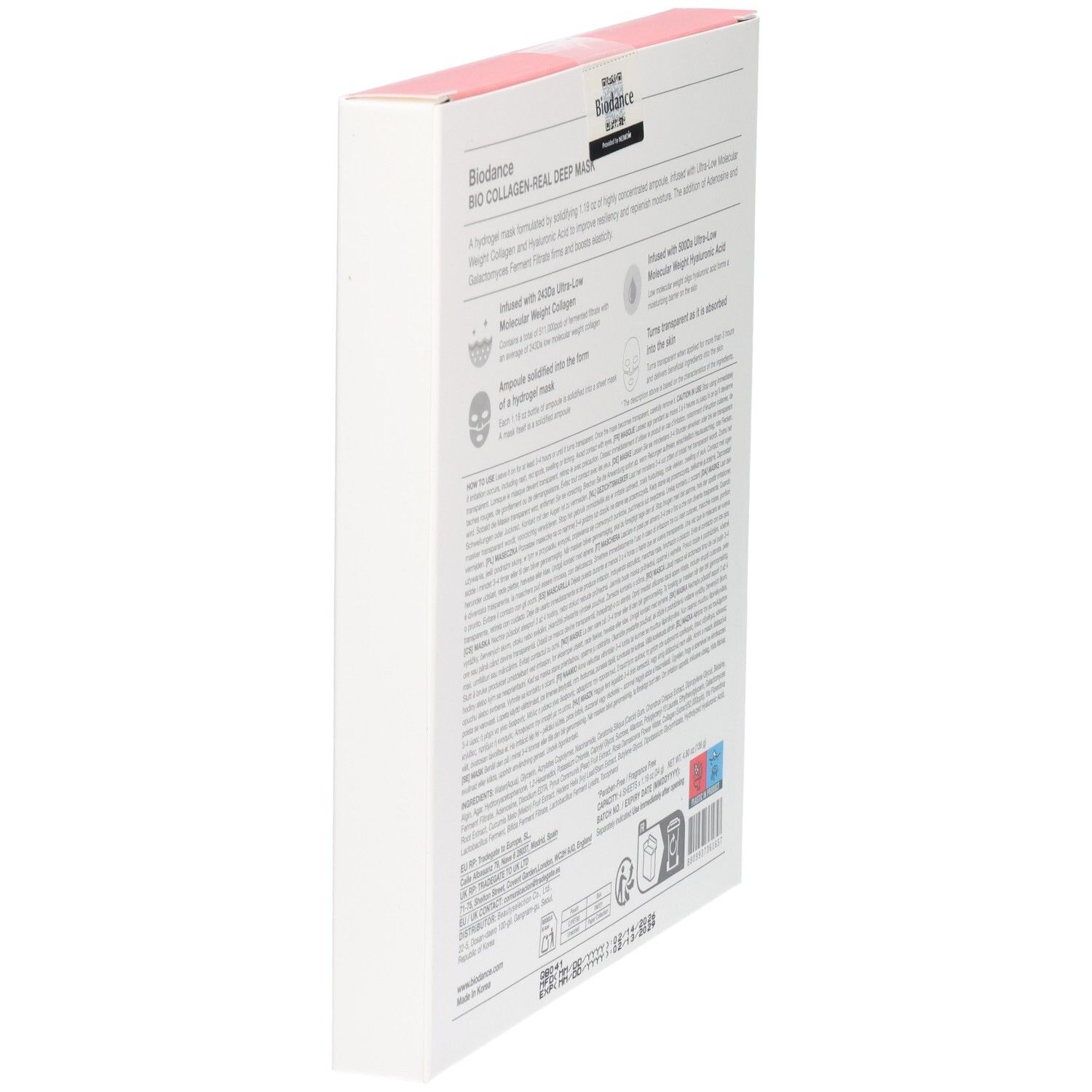 Vue latérale de l'emballage Biodance Bio Collagen Real Deep Mask.
