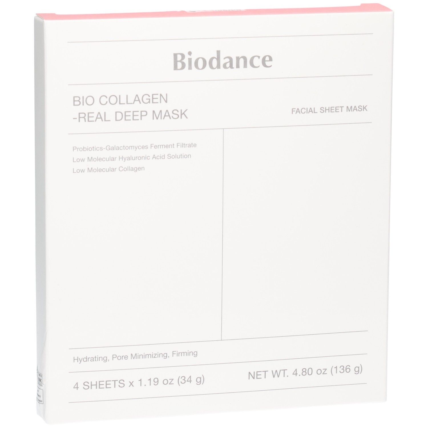Avant de l'emballage Biodance Bio Collagen Real Deep Mask, 4 feuilles.