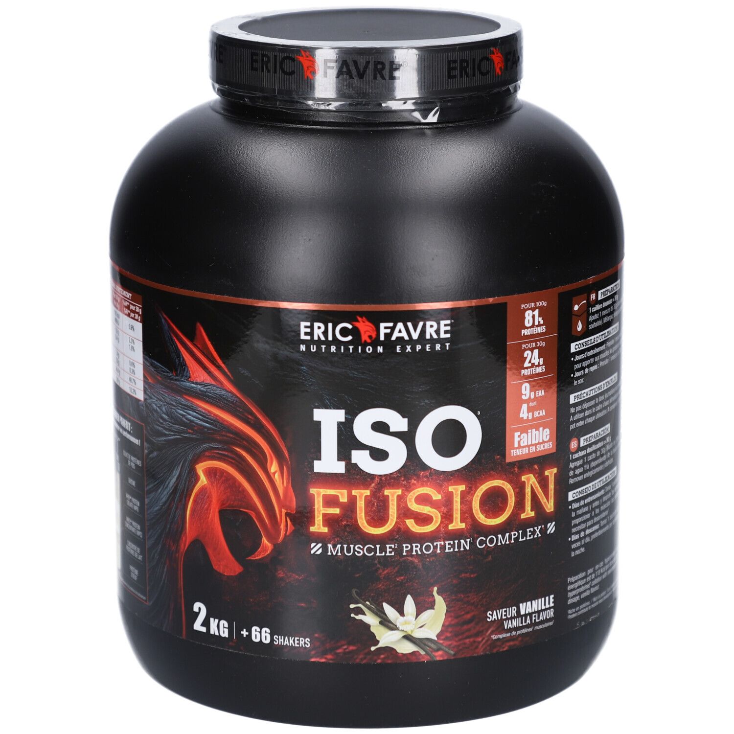 Pot noir ERIC FAVRE ISO FUSION VANILLE 2KG. Inscriptions: ISO FUSION, 2 kg, 66 shakers, saveur vanille. Logo et informations produit.