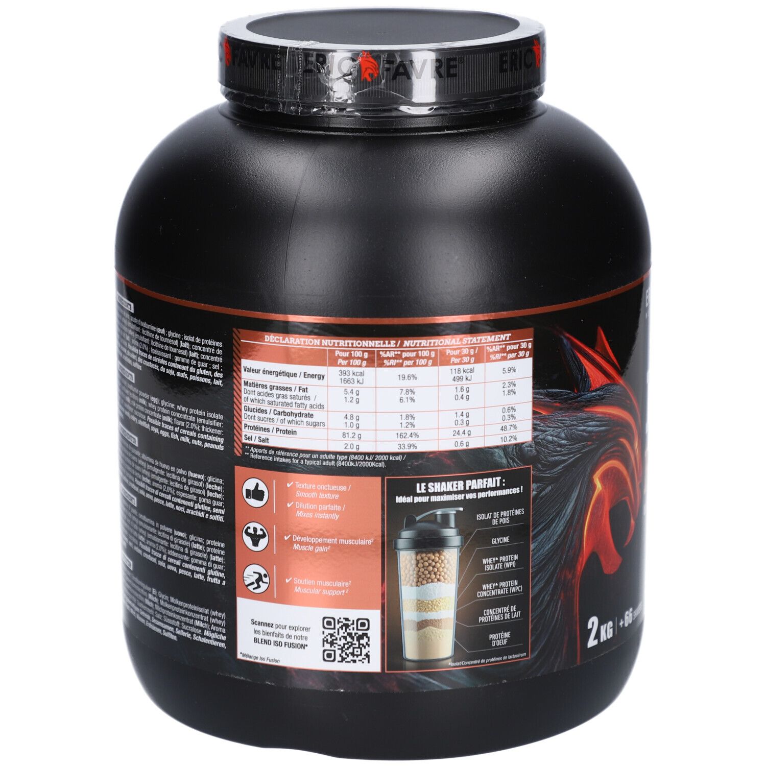 Dos du pot noir ERIC FAVRE ISO FUSION. Contient informations nutritionnelles, ingrédients et instructions. 2 kg.