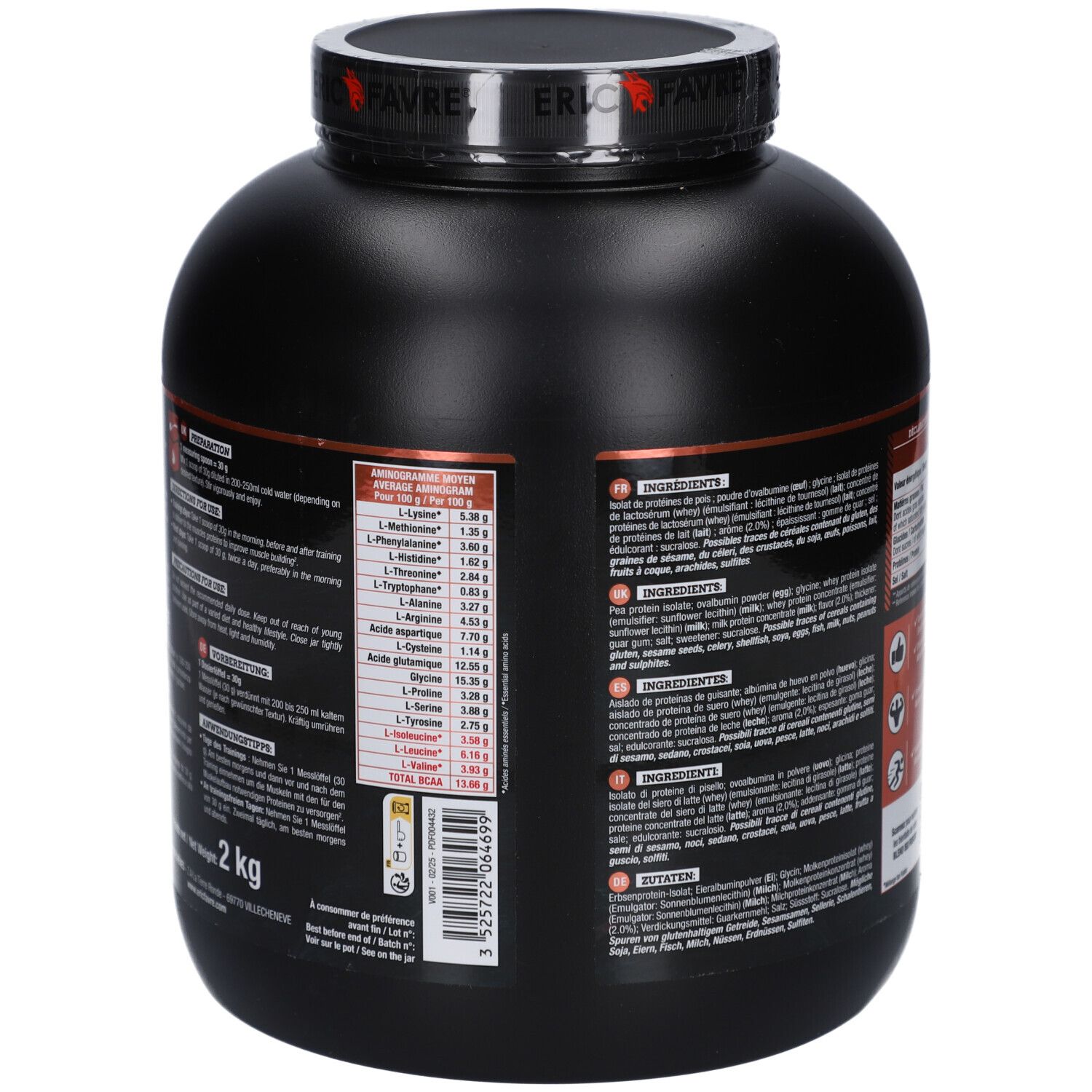 Dos du pot noir ERIC FAVRE ISO FUSION. Contient profil acides aminés, ingrédients et informations nutritionnelles. 2 kg.