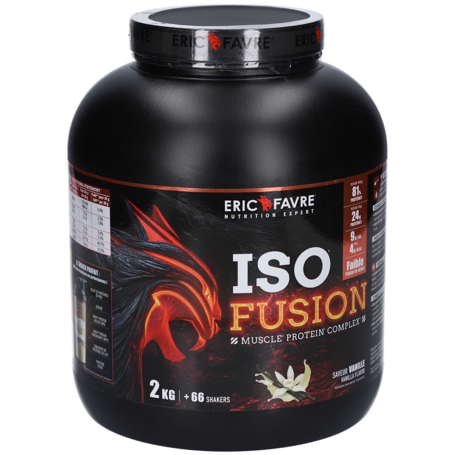 Pot noir ERIC FAVRE ISO FUSION VANILLE 2KG. Inscriptions: ISO FUSION, 2 kg, 66 shakers, saveur vanille. Logo et informations produit.