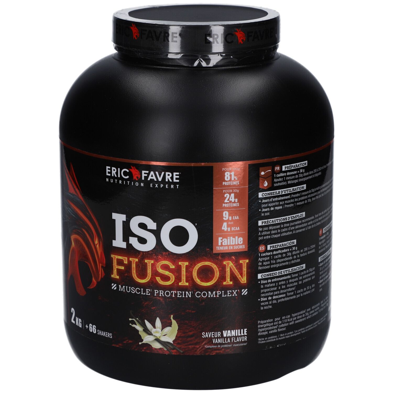 Pot noir ERIC FAVRE ISO FUSION VANILLE 2KG. Inscriptions: ISO FUSION, 2 kg, 66 shakers, saveur vanille. Logo et informations produit.