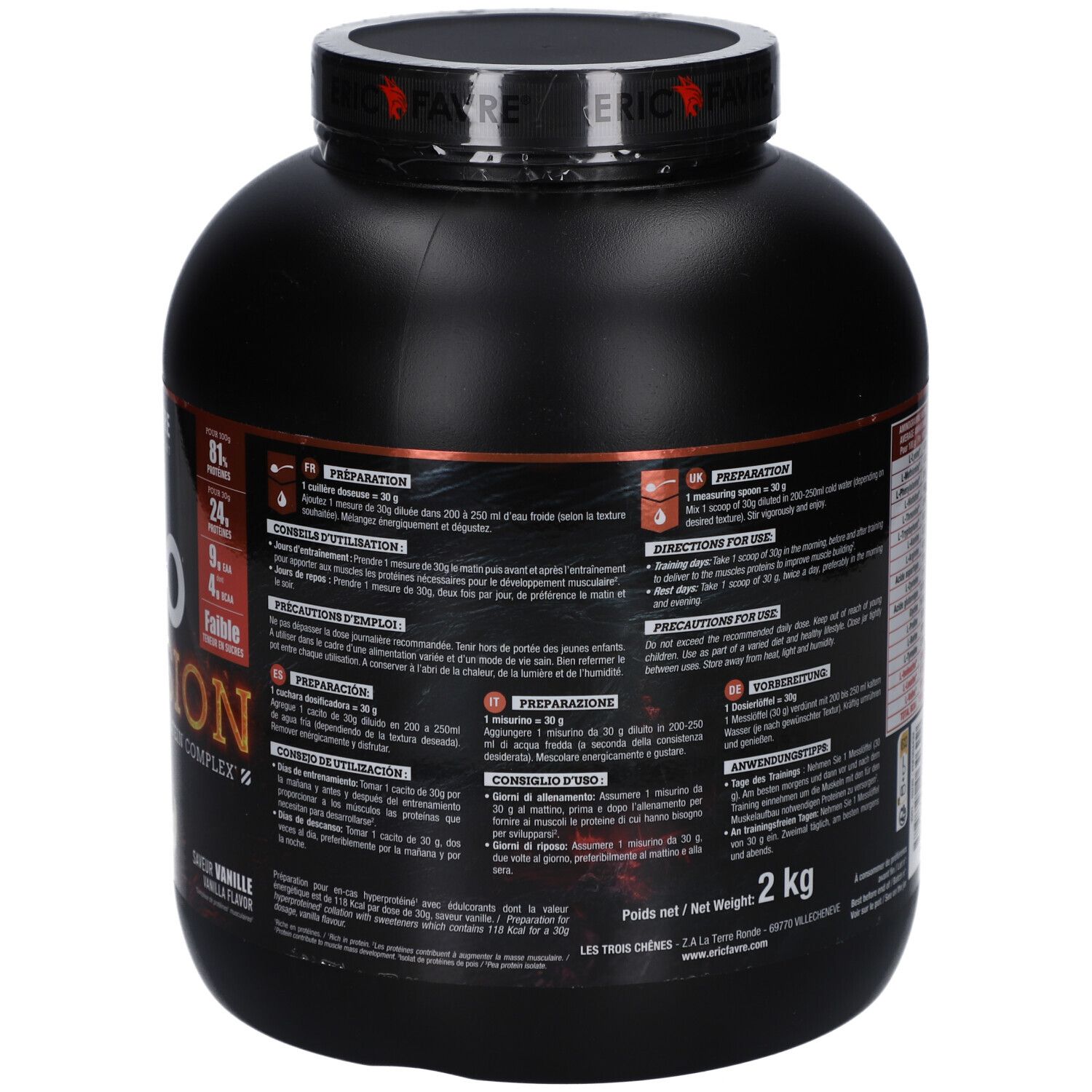 Dos du pot noir ERIC FAVRE ISO FUSION. Contient instructions, précautions et informations nutritionnelles. 2 kg.
