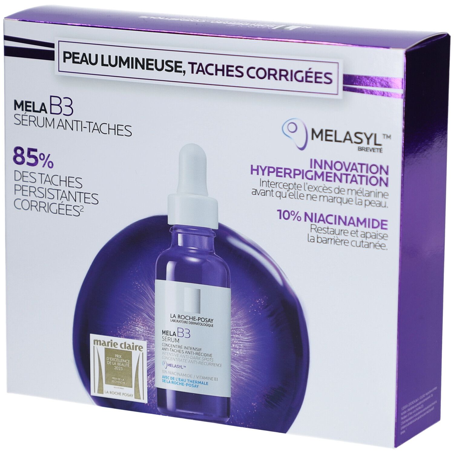 MELA B3 Sérum Anti-taches dans un coffret cadeau. Flacon violet avec pipette. Emballage avec texte et logo La Roche-Posay.