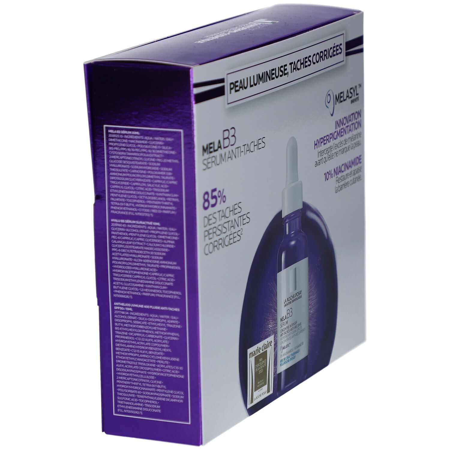 Dos du coffret cadeau avec texte. Contient des informations sur le sérum MELA B3. Logo La Roche-Posay et autres informations.