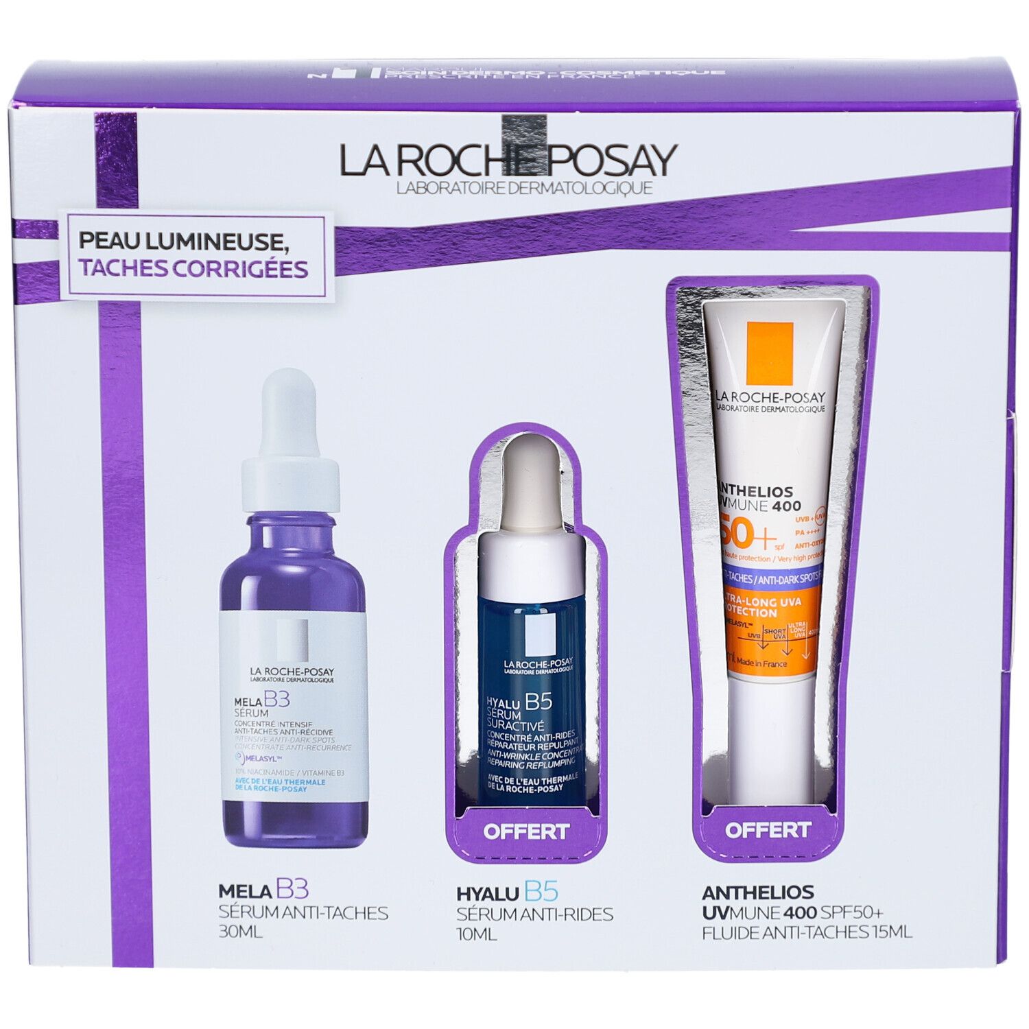 Coffret cadeau avec trois produits. Contient MELA B3 Sérum, Hyalu B5 Sérum et Anthelios UVmune 400. Emballage avec accents violets.