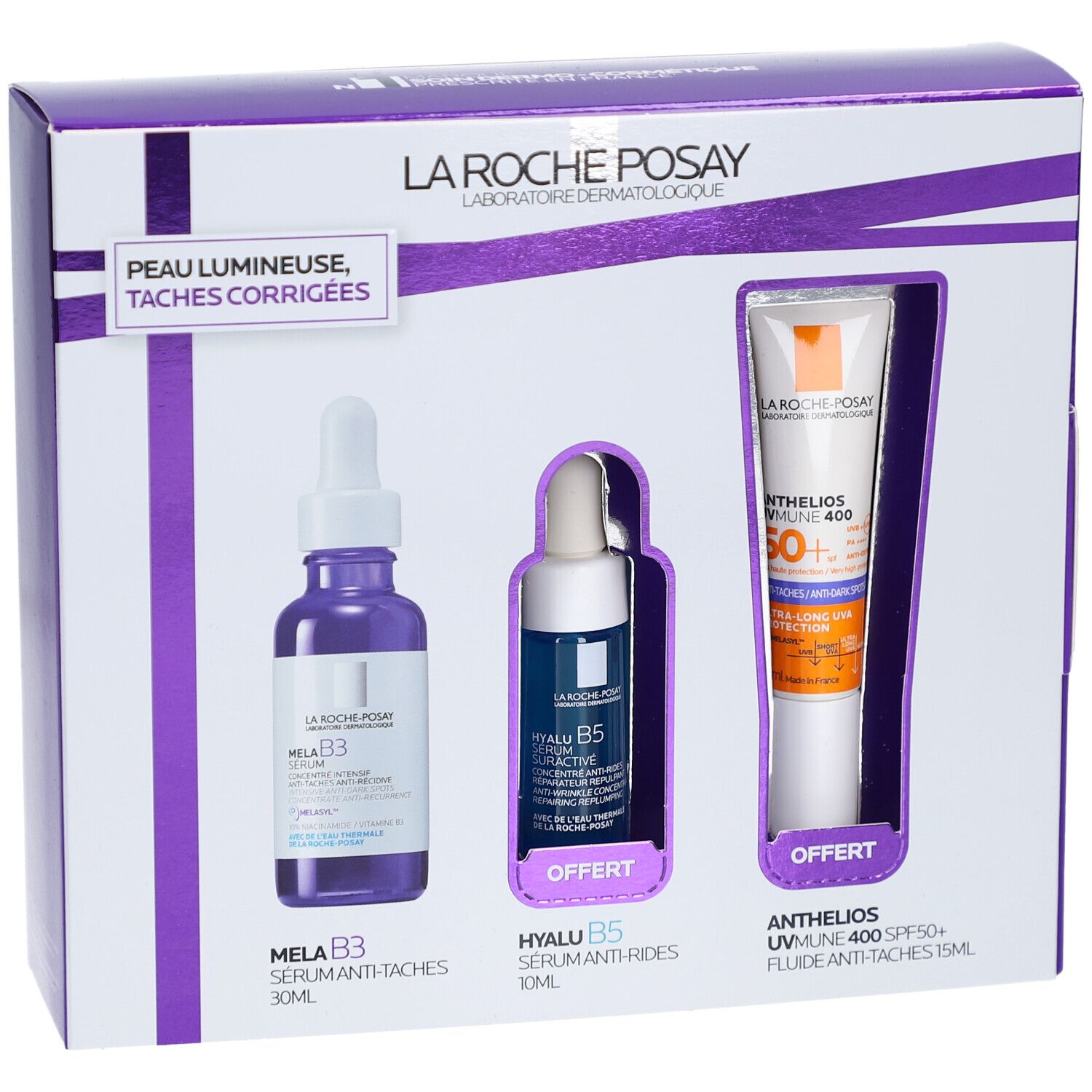 Coffret cadeau avec trois produits. Contient MELA B3 Sérum, Hyalu B5 Sérum et Anthelios UVmune 400. Emballage avec accents violets.