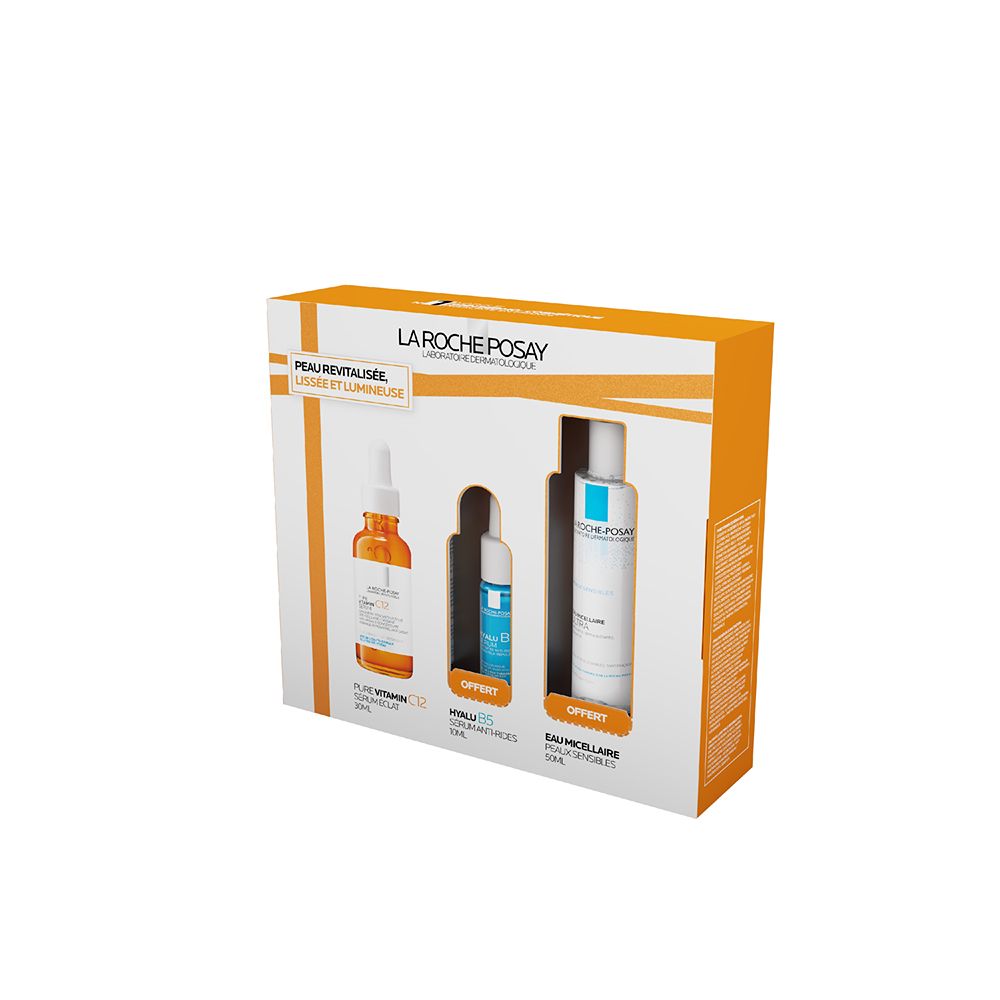 Coffret cadeau avec trois produits. Logo LA ROCHE POSAY. Emballage orange et blanc. Contient sérum, ampoule et eau micellaire.