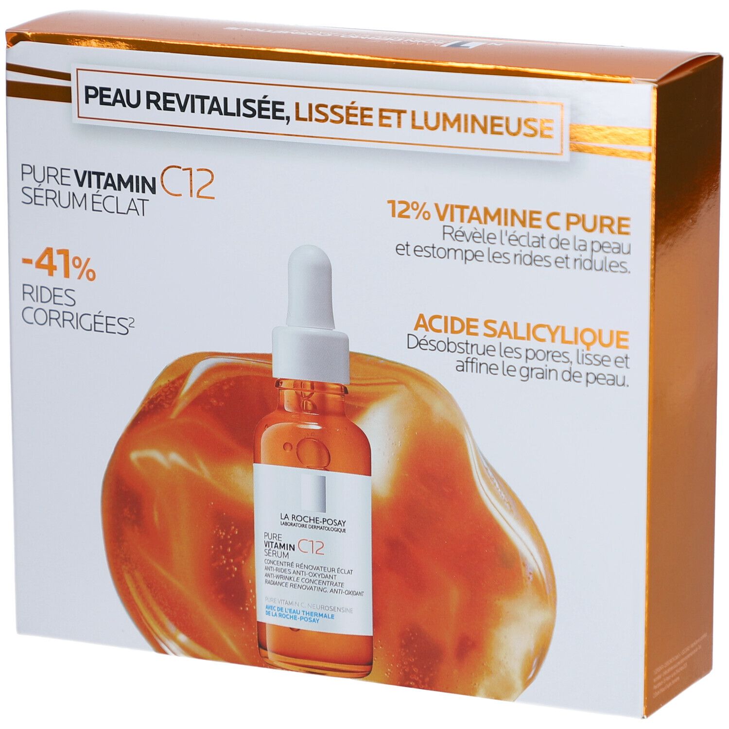 Emballage avec flacon de sérum. Affiche les noms des produits et les ingrédients. Fond orange avec illustration du produit.