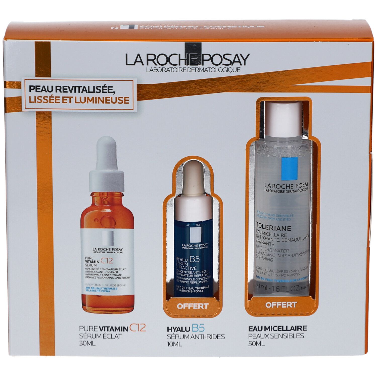 Coffret cadeau avec trois produits. Contient sérum, sérum Hyalu B5 et eau micellaire. Emballage avec noms de produits et logo de la marque.