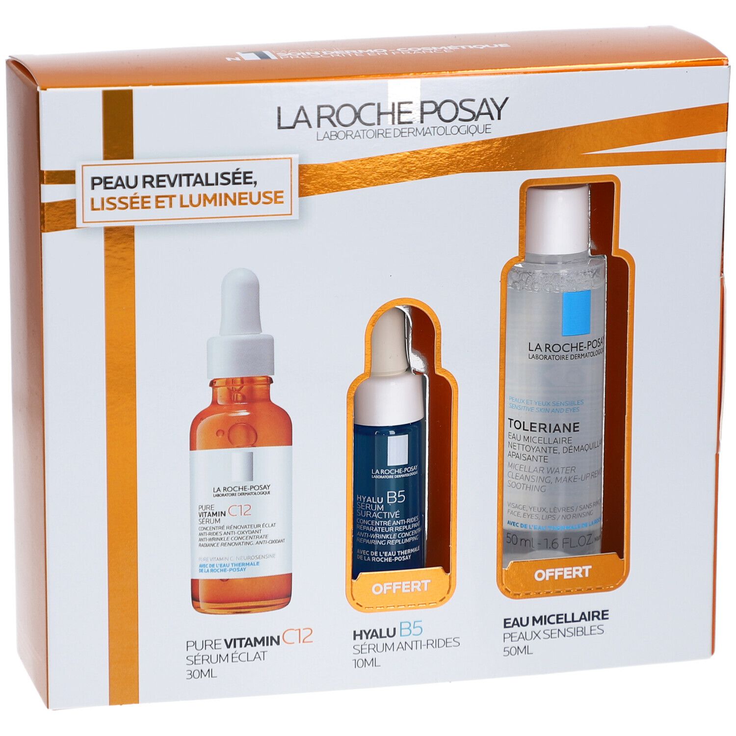 Coffret cadeau avec trois produits. Contient sérum, sérum Hyalu B5 et eau micellaire. Emballage avec noms de produits et logo de la marque.