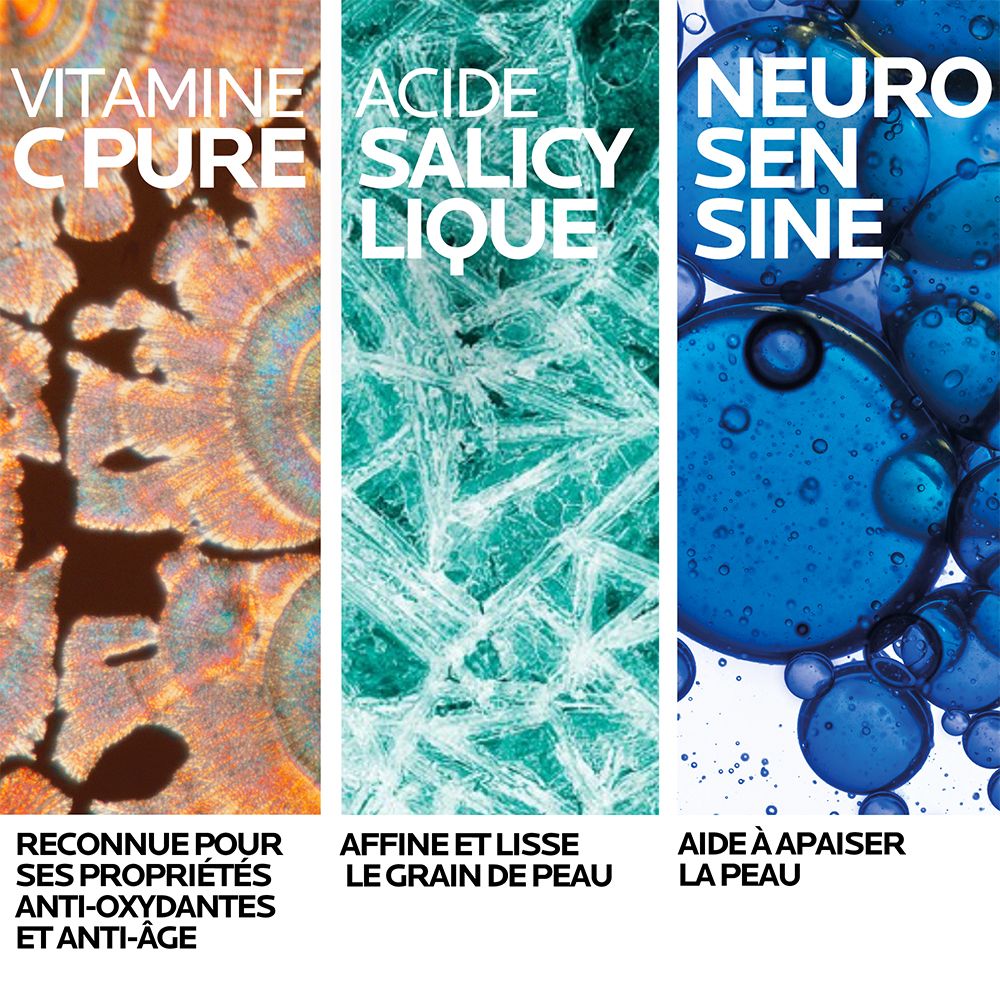 Trois blocs de texte avec ingrédients. Vitamine C Pure, Acide Salicylique, Neurosensine. Descriptions en français.