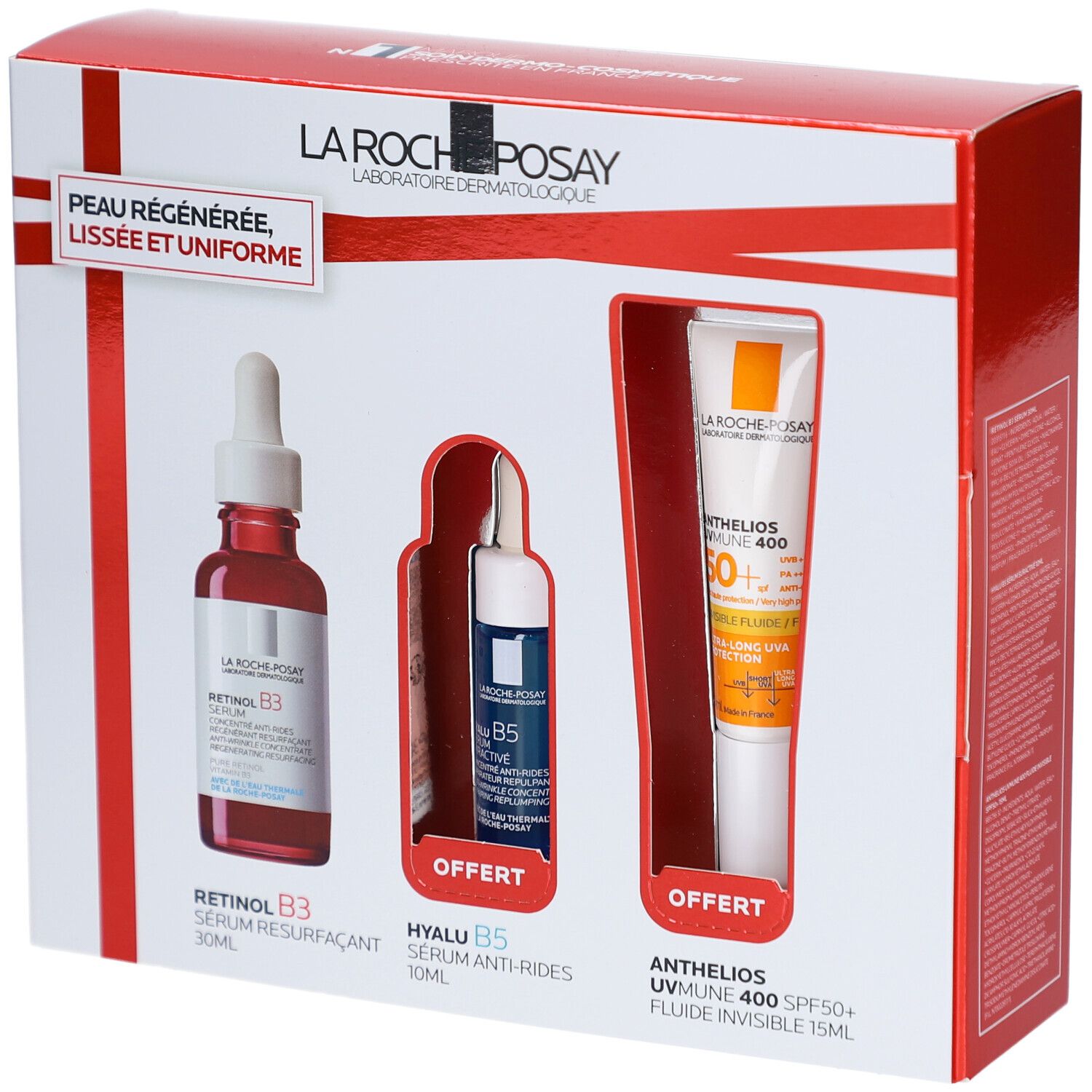 Coffret cadeau avec trois produits. Contient Sérum Retinol B3, Sérum Hyalu B5 et Anthelios UVmune 400. Emballage avec fenêtres.