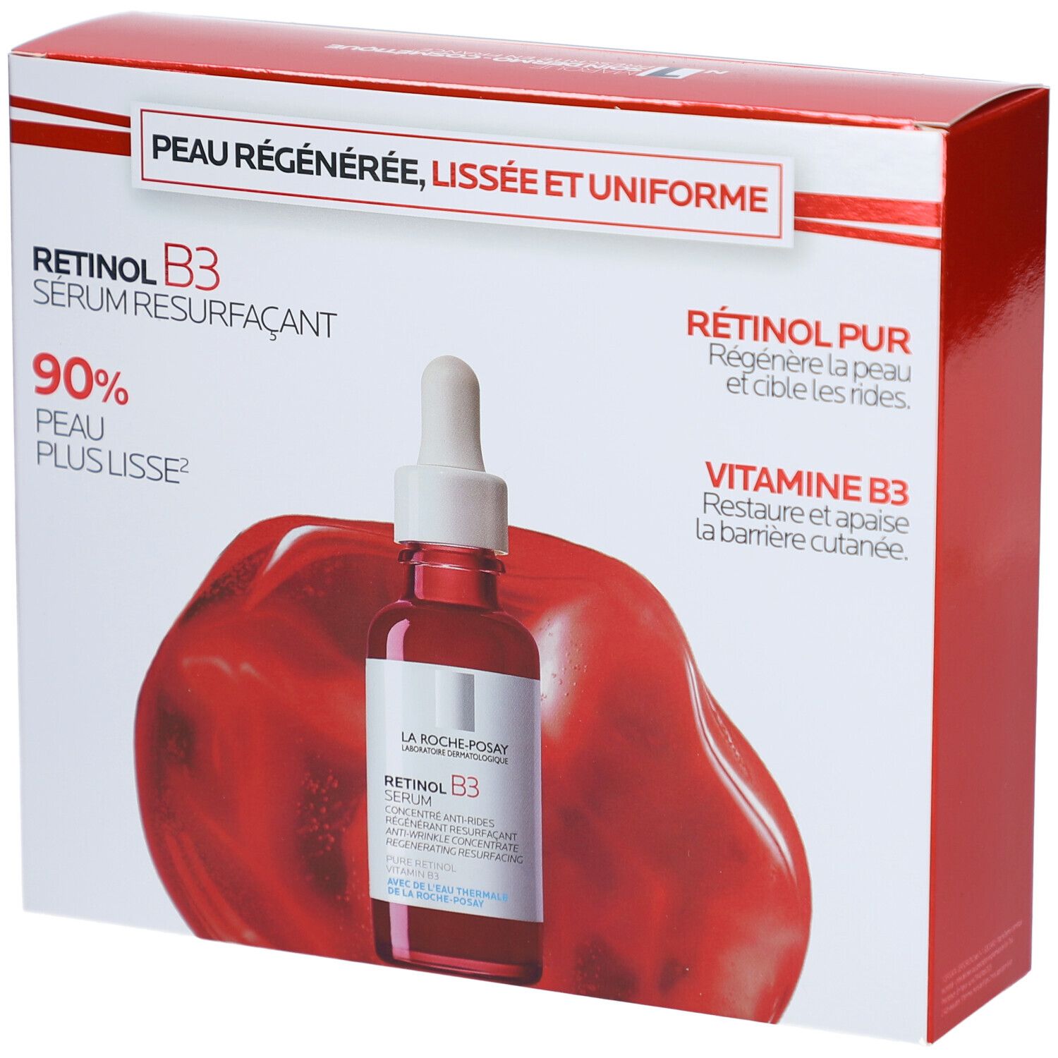 Coffret cadeau avec Sérum Retinol B3. Emballage rouge et blanc. Contient flacon avec pipette. Texte: Sérum Resurfaçant.