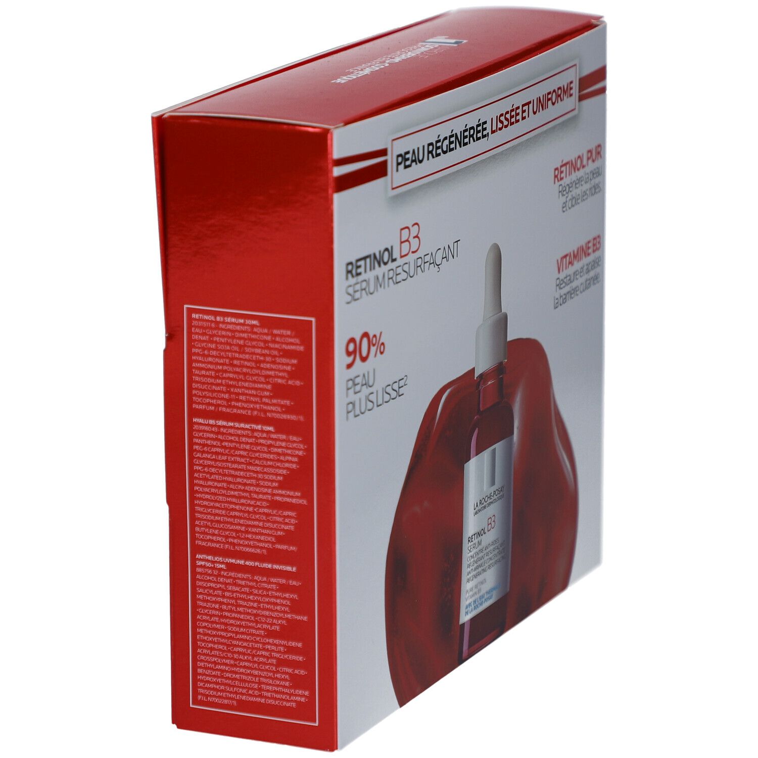 Coffret cadeau, rouge et blanc. Contient Sérum Retinol B3. Texte: Sérum Resurfaçant. Impressions avec informations produit.
