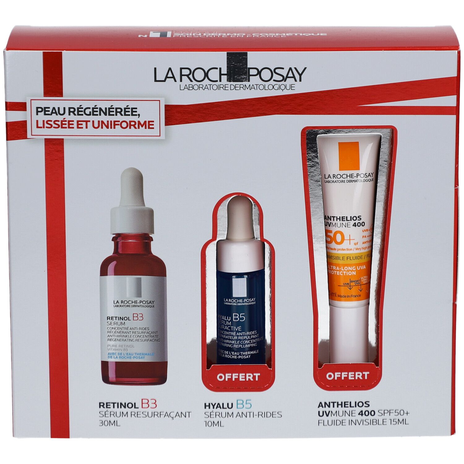 Coffret cadeau avec trois produits. Contient Sérum Retinol B3, Sérum Hyalu B5 et Anthelios UVmune 400. Emballage avec fenêtres.