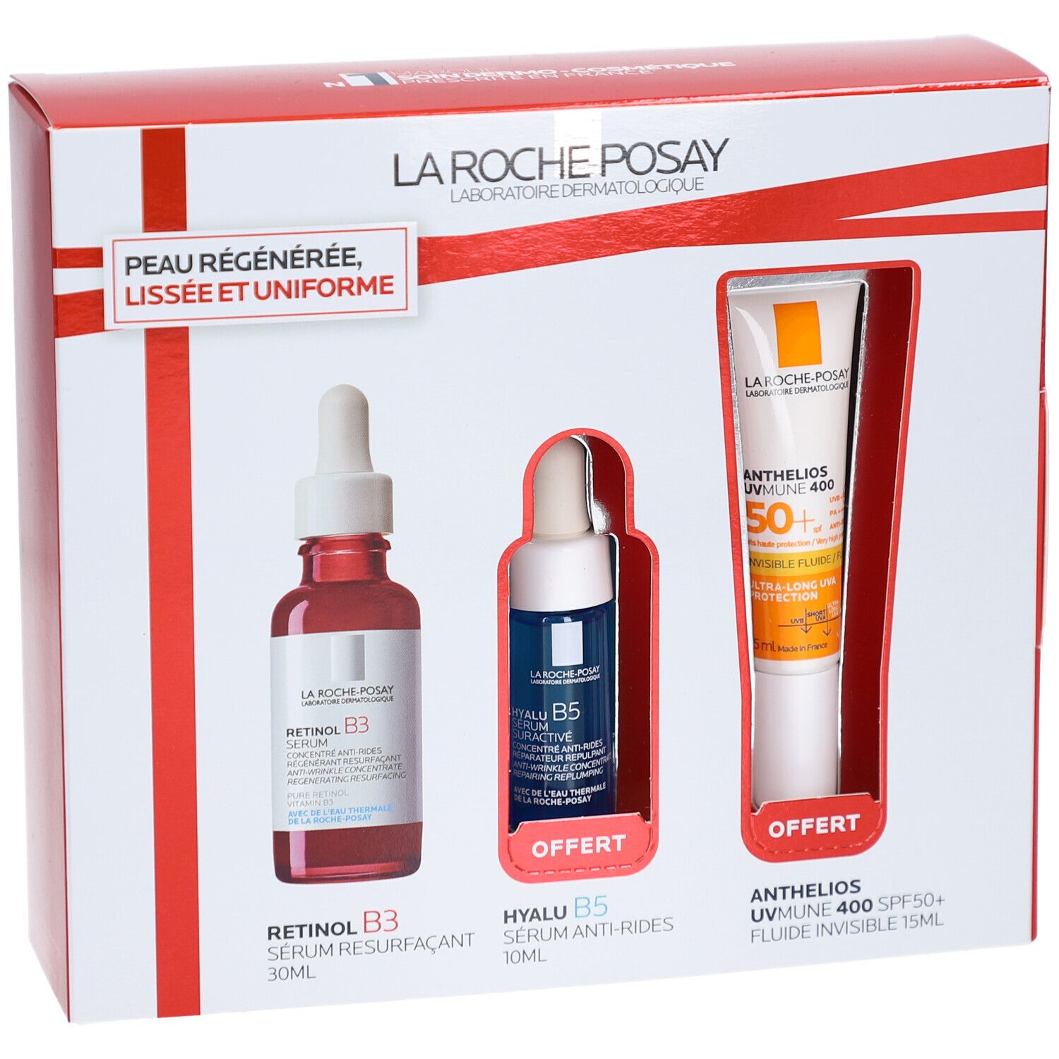 Coffret cadeau avec trois produits. Contient Sérum Retinol B3, Sérum Hyalu B5 et Anthelios UVmune 400. Emballage avec fenêtres.
