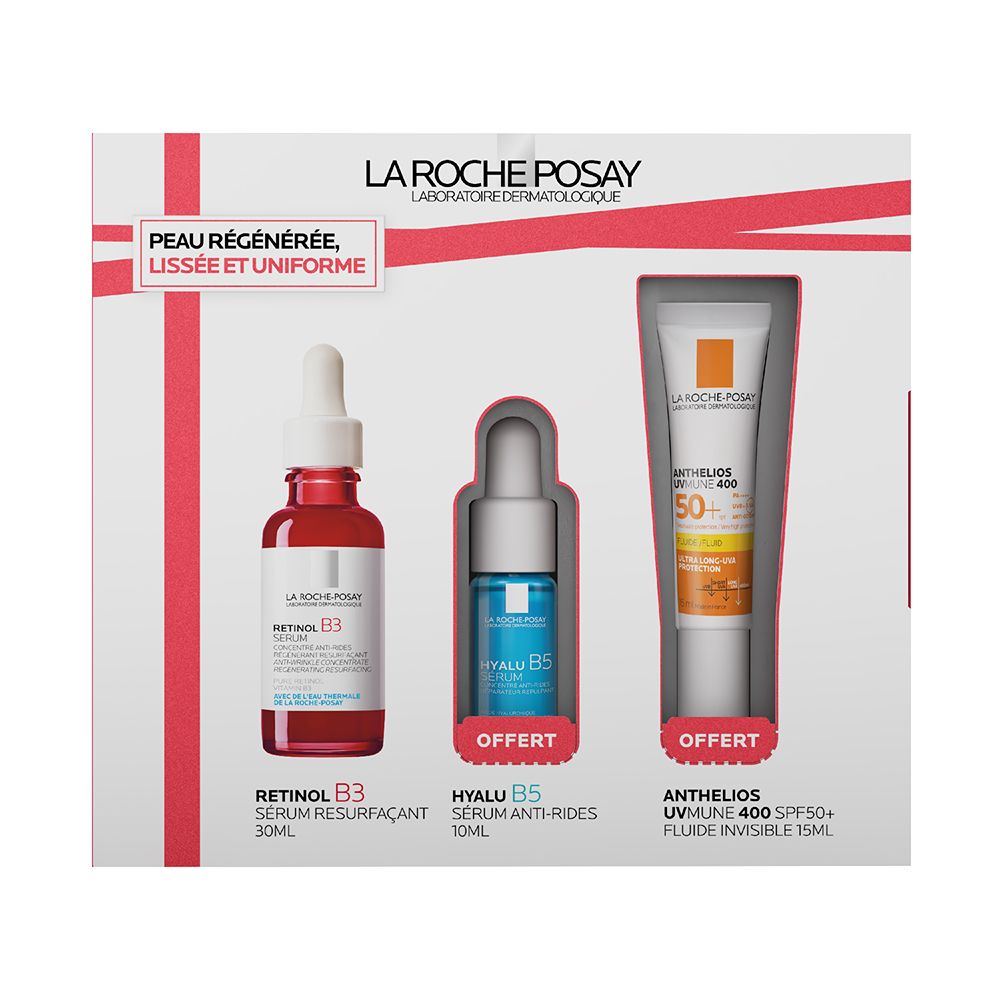 Coffret La Roche-Posay avec 3 produits: Retinol B3, Hyalu B5 et Anthelios. Emballage blanc et rouge.