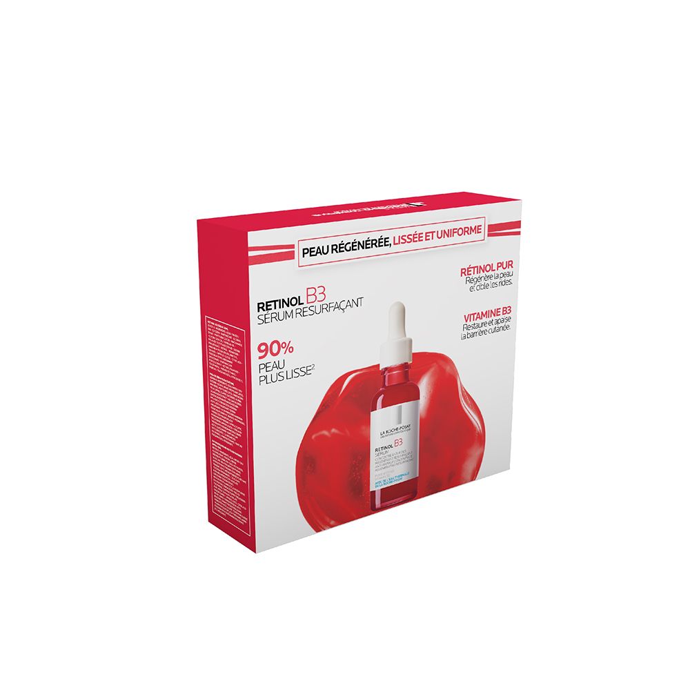 Emballage de sérum Retinol B3. Emballage rouge avec image du produit et texte. 90% peau plus lisse.