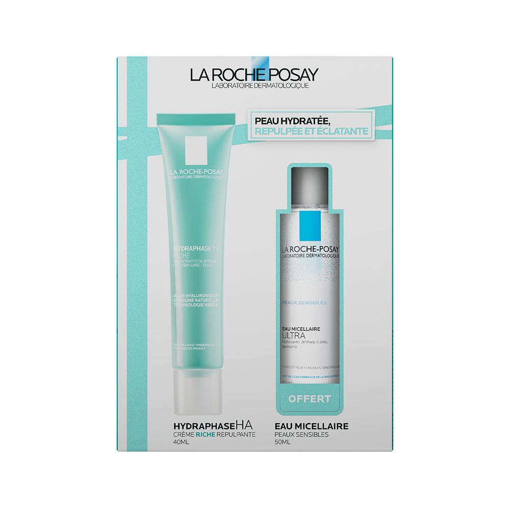 Coffret cadeau avec deux produits. Un tube de crème et une bouteille d'eau micellaire. Les deux produits sont dans un emballage cadeau.