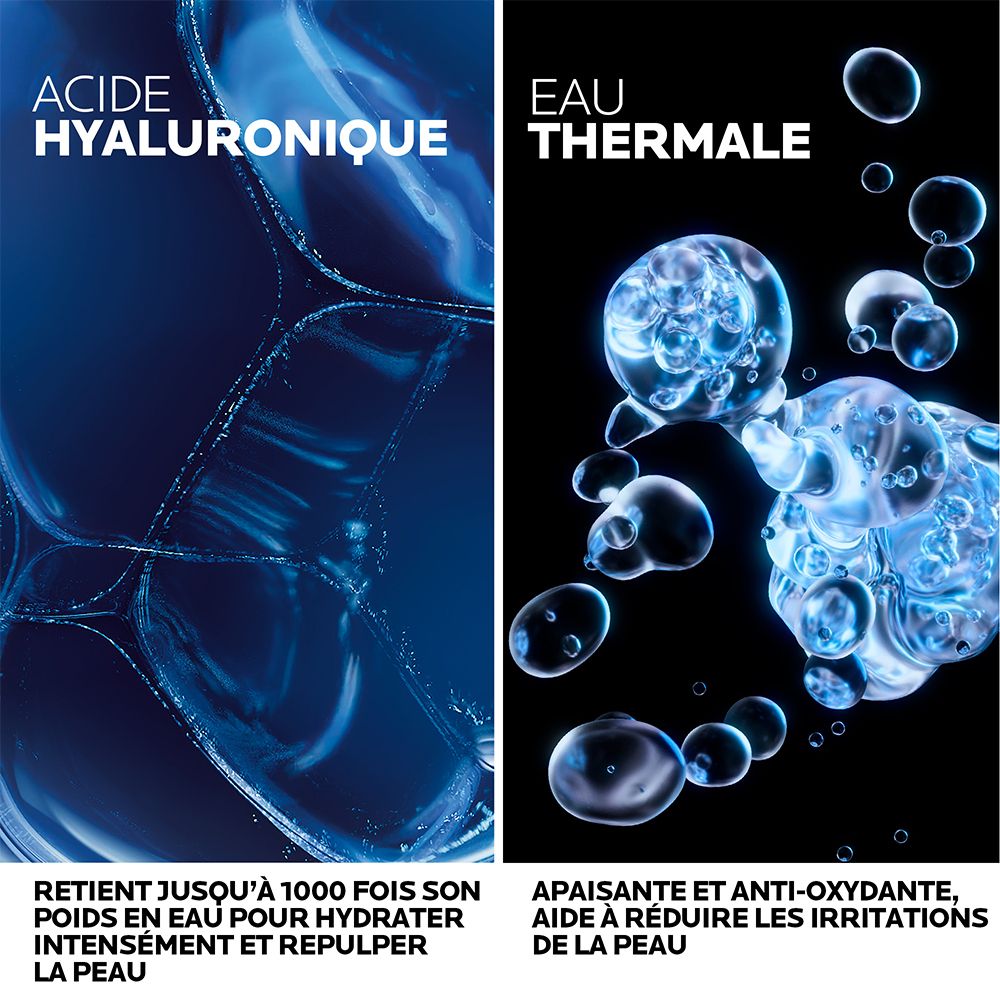 Deux images avec du texte. Gauche : Acide hyaluronique, retient jusqu'à 1000 fois son poids en eau. Droite : Eau thermale, apaisante et antioxydante.