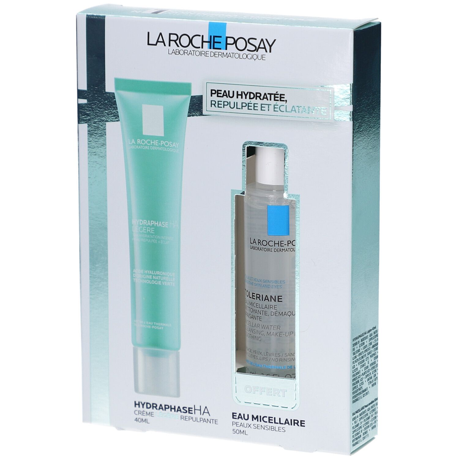 Coffret cadeau avec tube de crème et flacon. Les deux dans une boîte avec le nom de la marque et le nom du produit.