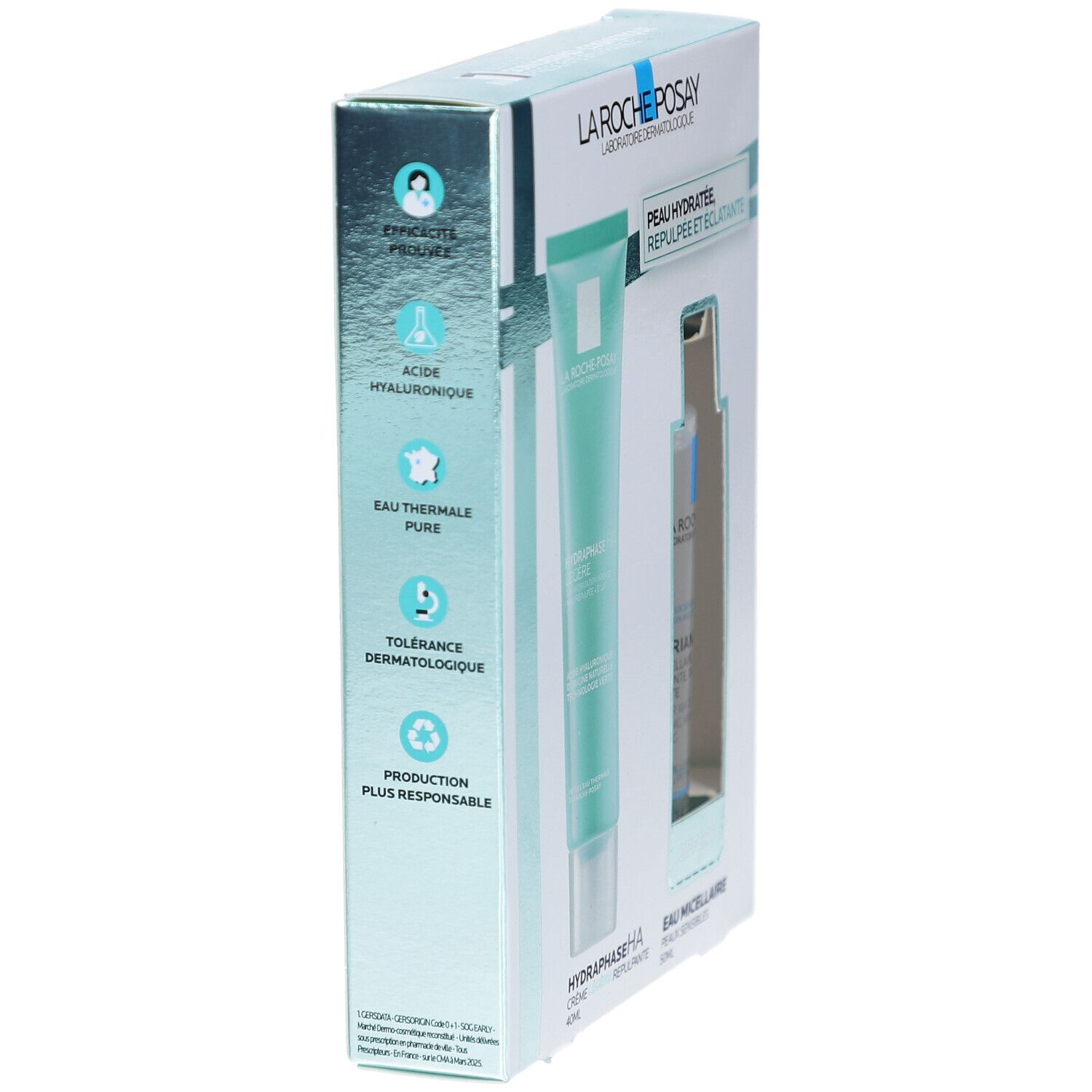 Boîte avec tube de crème et flacon. Les caractéristiques du produit et les logos sont affichés sur le côté.