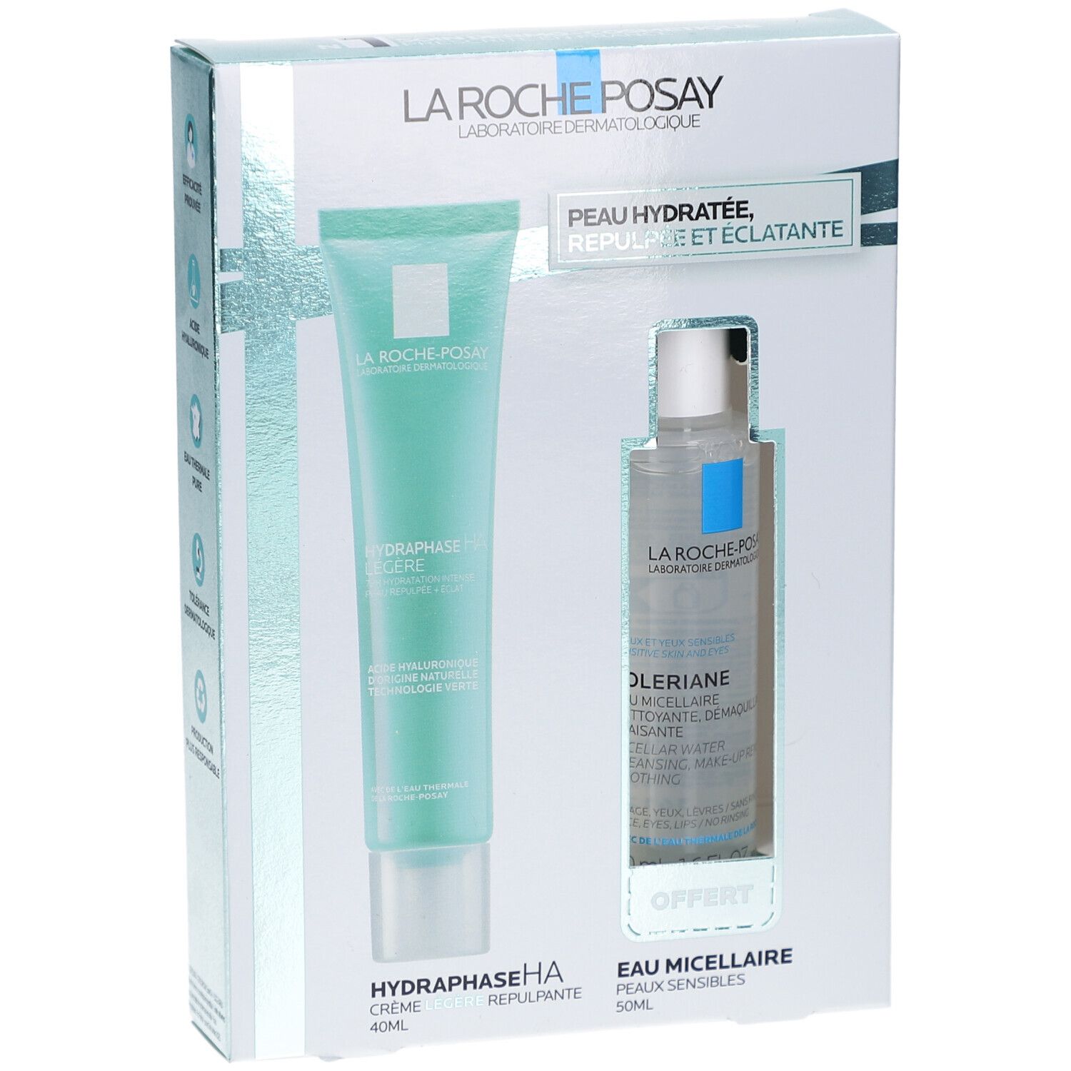 Coffret cadeau avec tube de crème et flacon. Les deux produits sont dans une boîte avec le nom de la marque et le nom du produit.