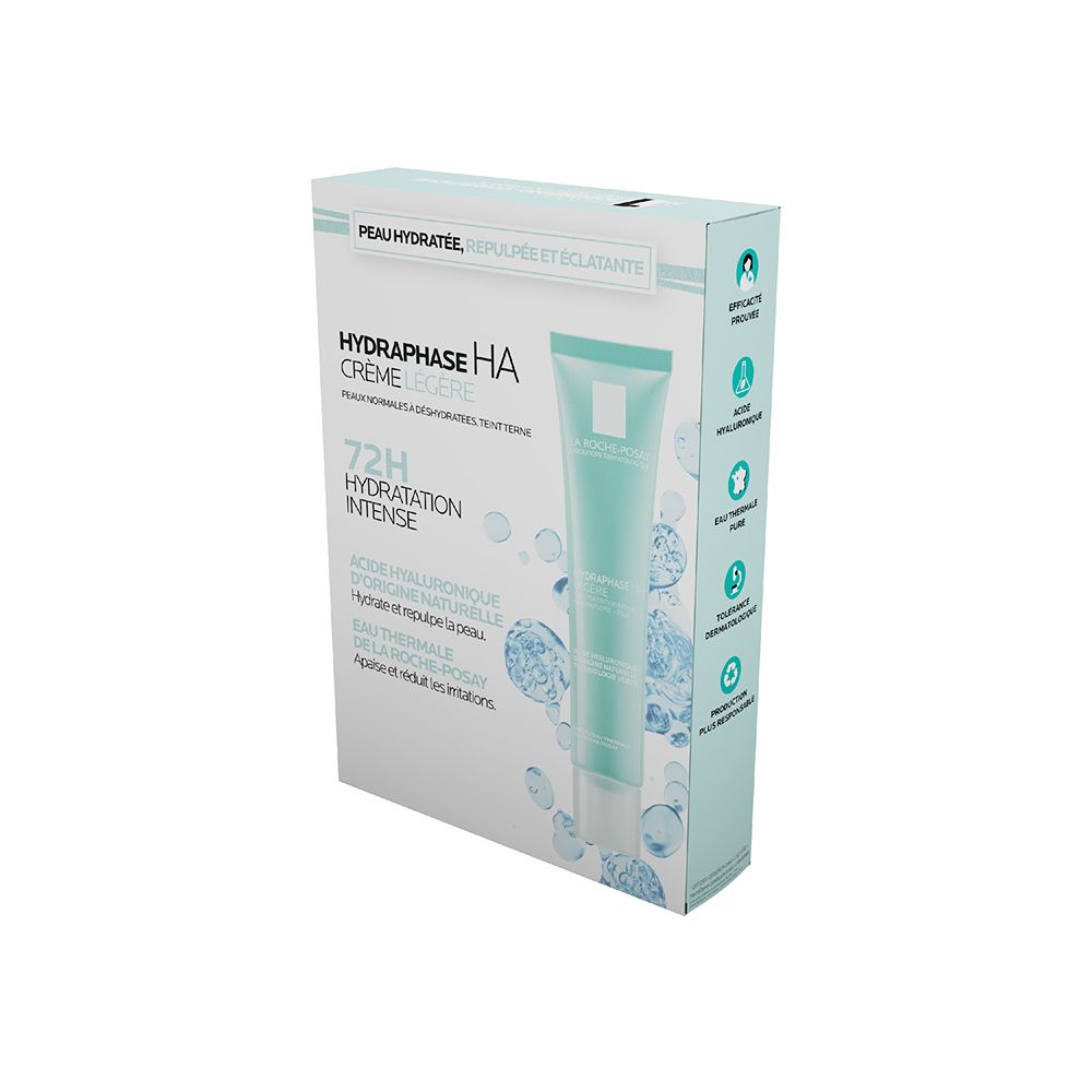 Emballage de Hydraphase HA Crème Légère. Inscriptions: 72H Hydratation Intense, Acide Hyaluronique, Eau Thermale.